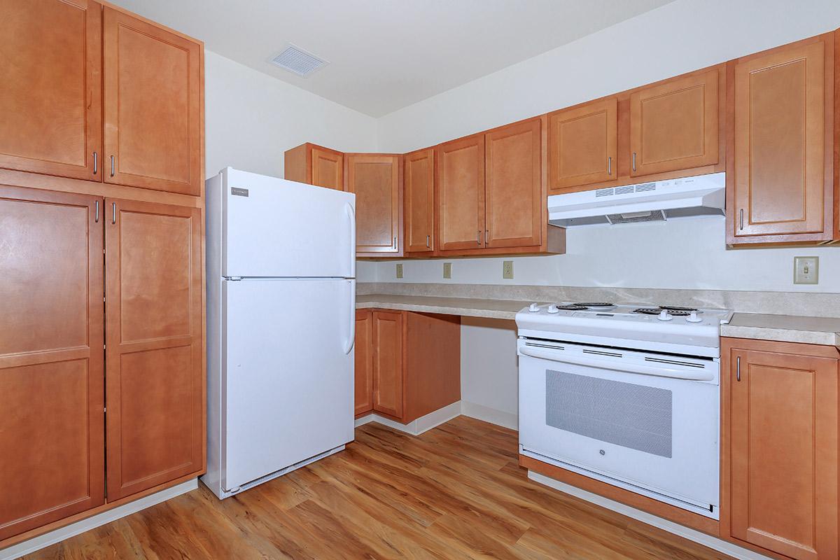 a kitchen with a stove refrigerator and wooden cabinets