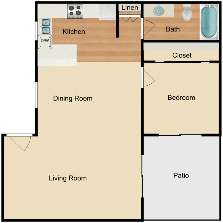 1 Bed 1 Bath, a 1 bedroom 1 bathroom floor plan.