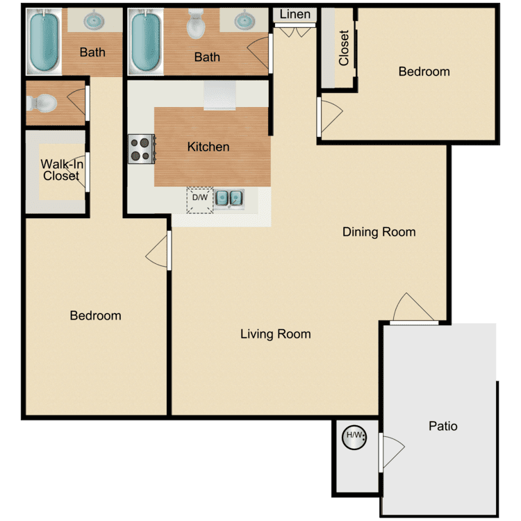 2 Bed 2 Bath, a 2 bedroom 2 bathroom floor plan.