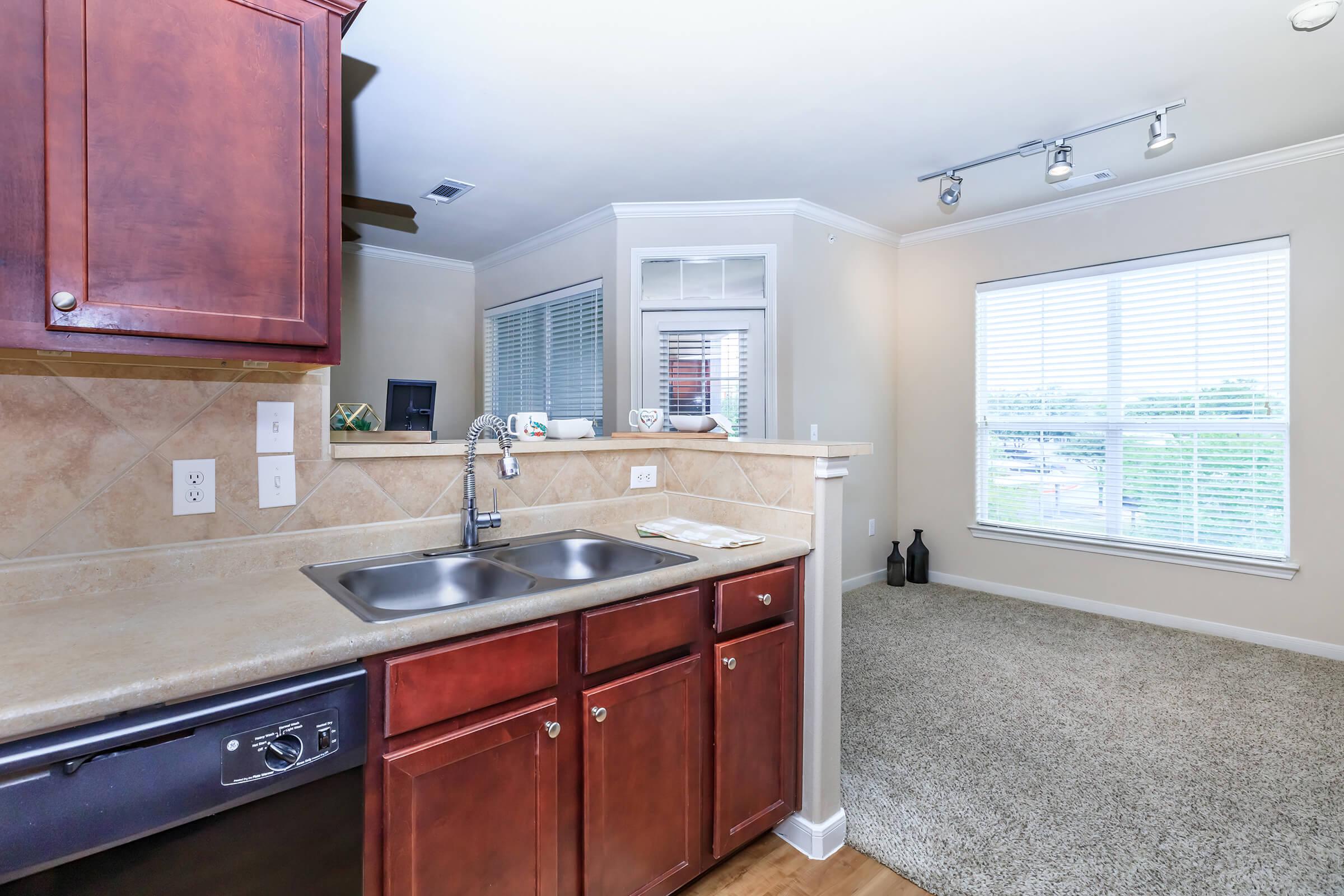 a kitchen with a sink and a window