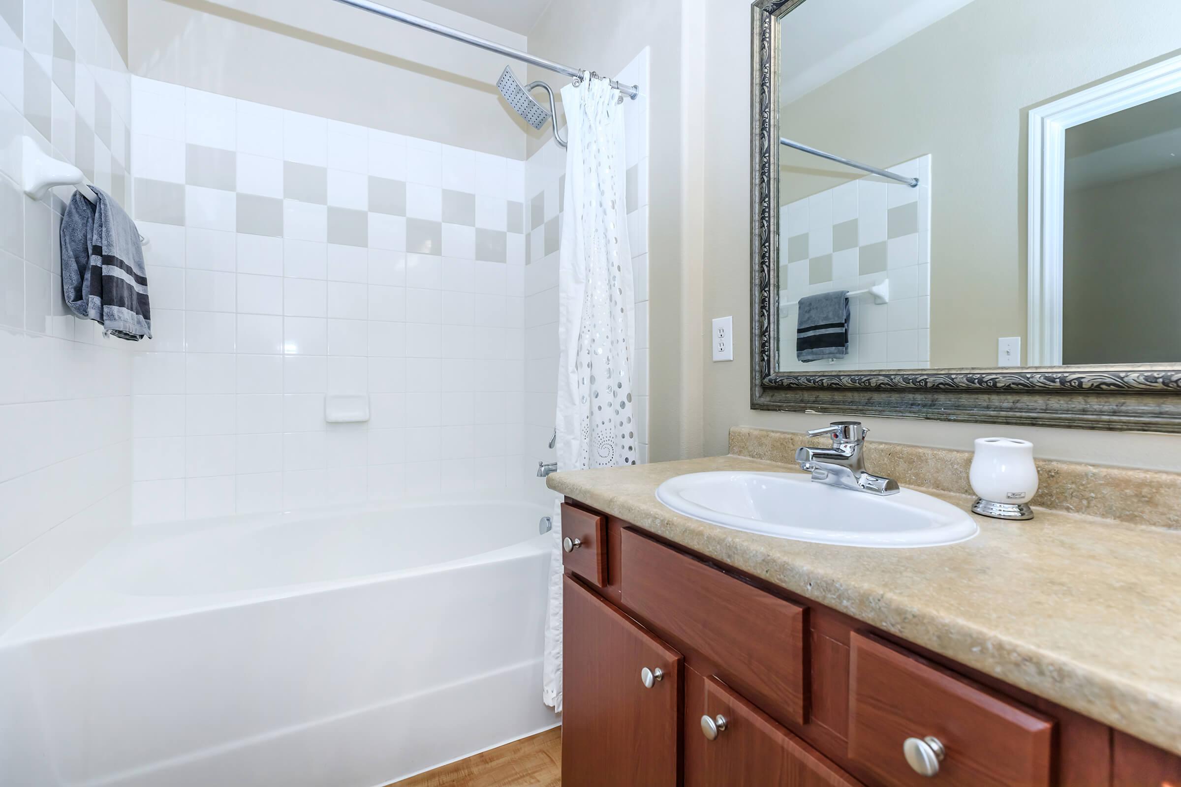 a double sink and large mirror