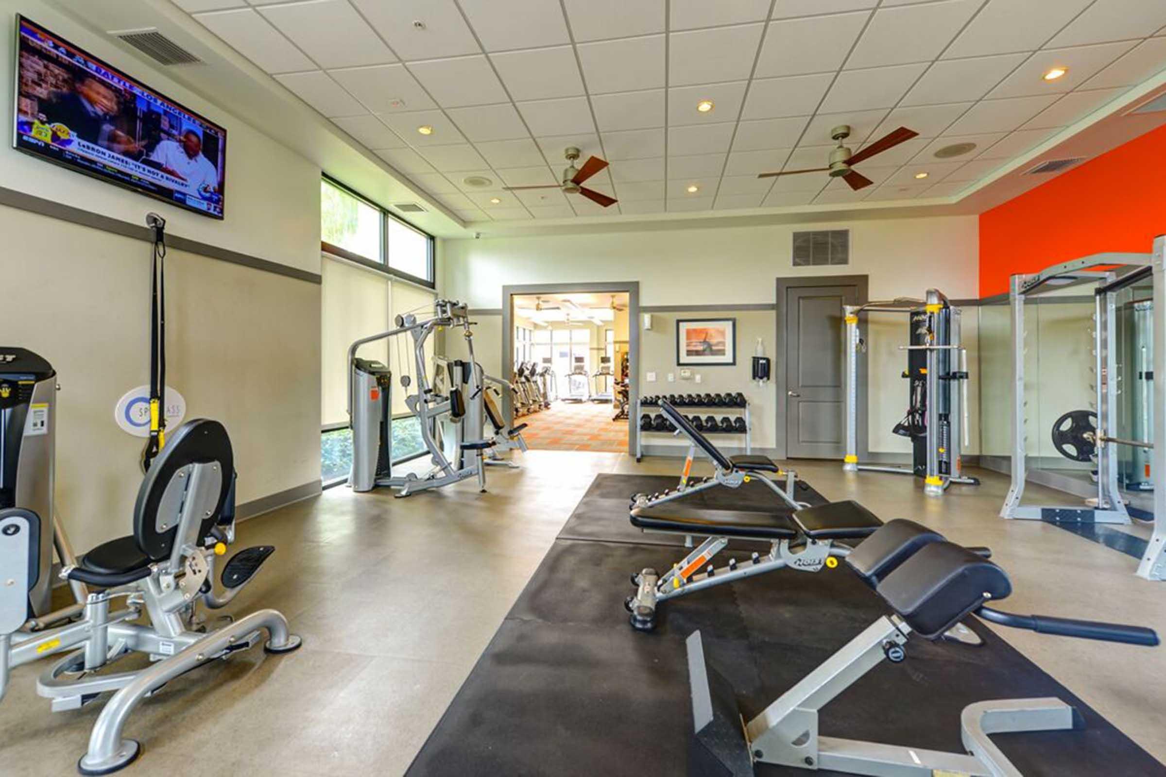 A modern fitness gym featuring various exercise equipment, including weight benches, machines, and dumbbells. There is a television mounted on the wall, and large windows allow natural light to brighten the space. The walls are painted in soft colors, creating an inviting workout environment.