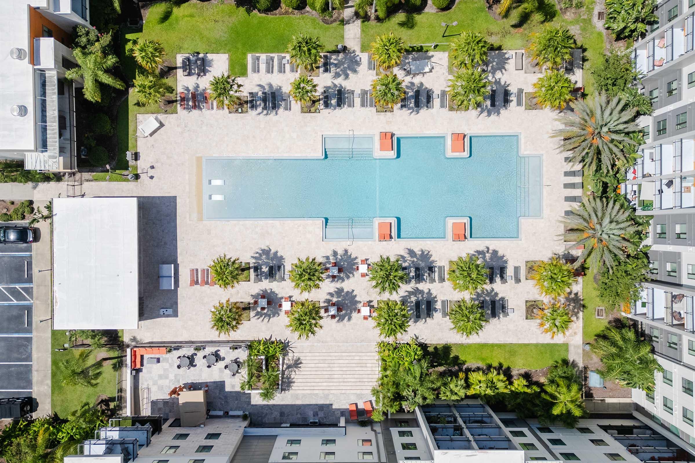 Aerial view of a modern swimming pool surrounded by lounge chairs and palm trees. The pool is centrally located with a stone deck, and there are shaded areas with seating nearby. Buildings border the area, and the scene showcases a vibrant, tropical outdoor environment.