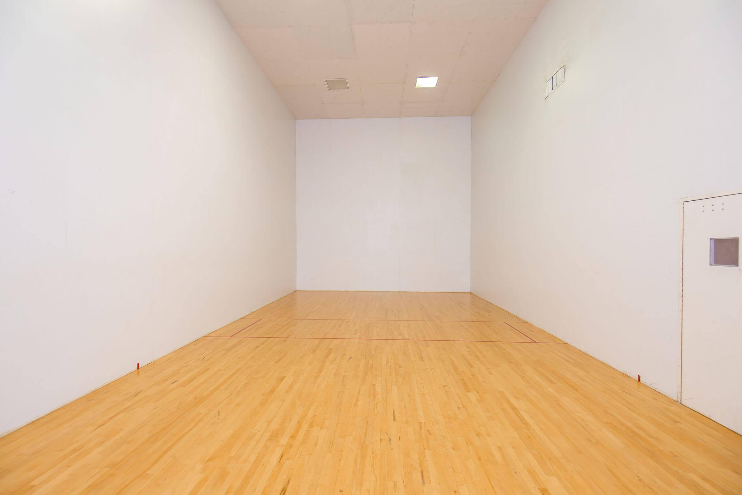 A spacious indoor racquetball court with smooth wooden flooring, white walls, and minimal markings. The court features a glass door at one end and has recessed lighting, creating a bright and clean environment for playing racquetball or similar sports.