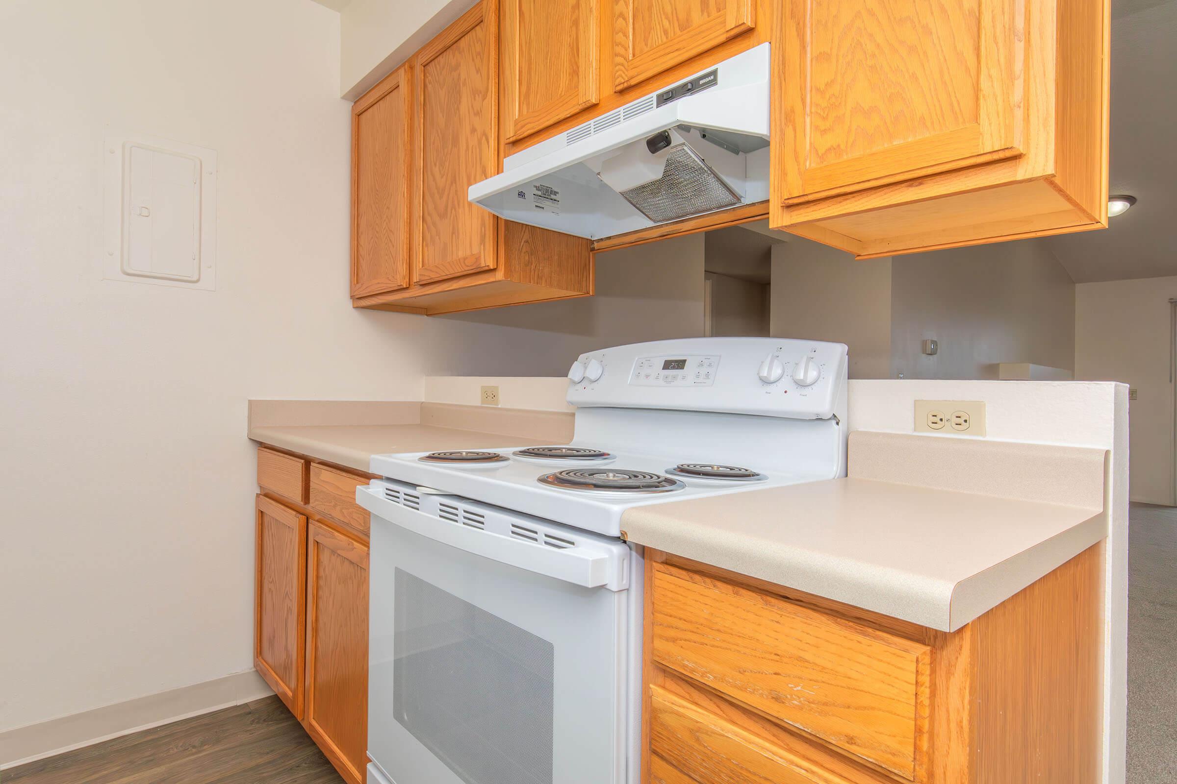 A modern kitchen featuring an electric range with an oven, a kitchen hood above, and wooden cabinetry. The countertops are light-colored and the flooring appears to be dark. The space is well-lit and organized, suitable for cooking and meal preparation.