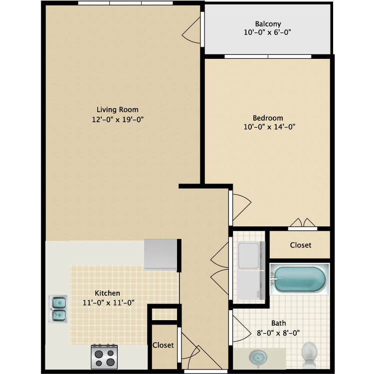 Floor plan image of 1 Bed 1 Bath A