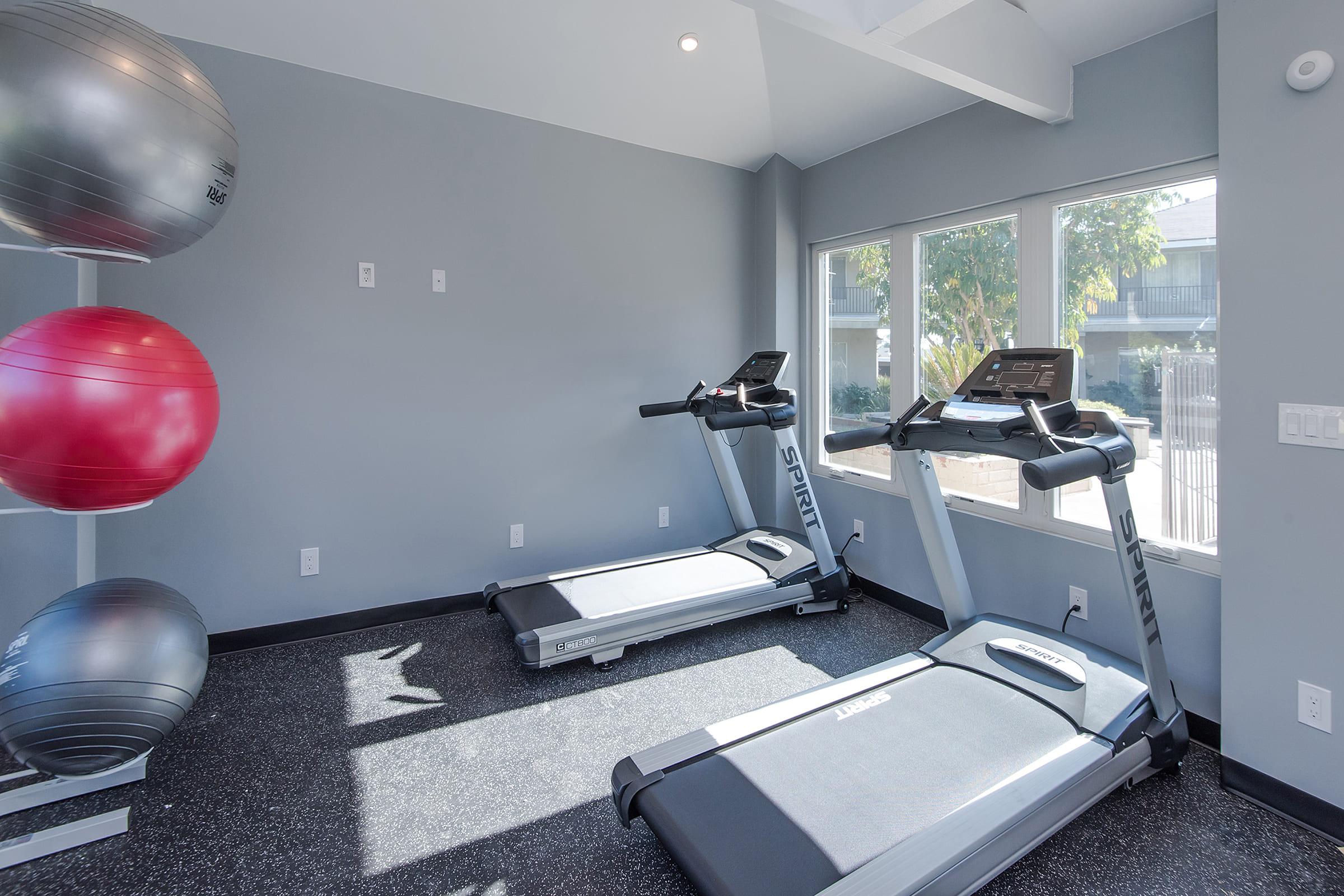 a room with two treadmills and yoga balls