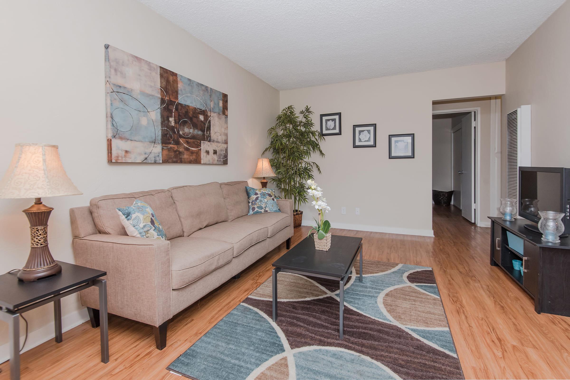 a living room with a couch and rug