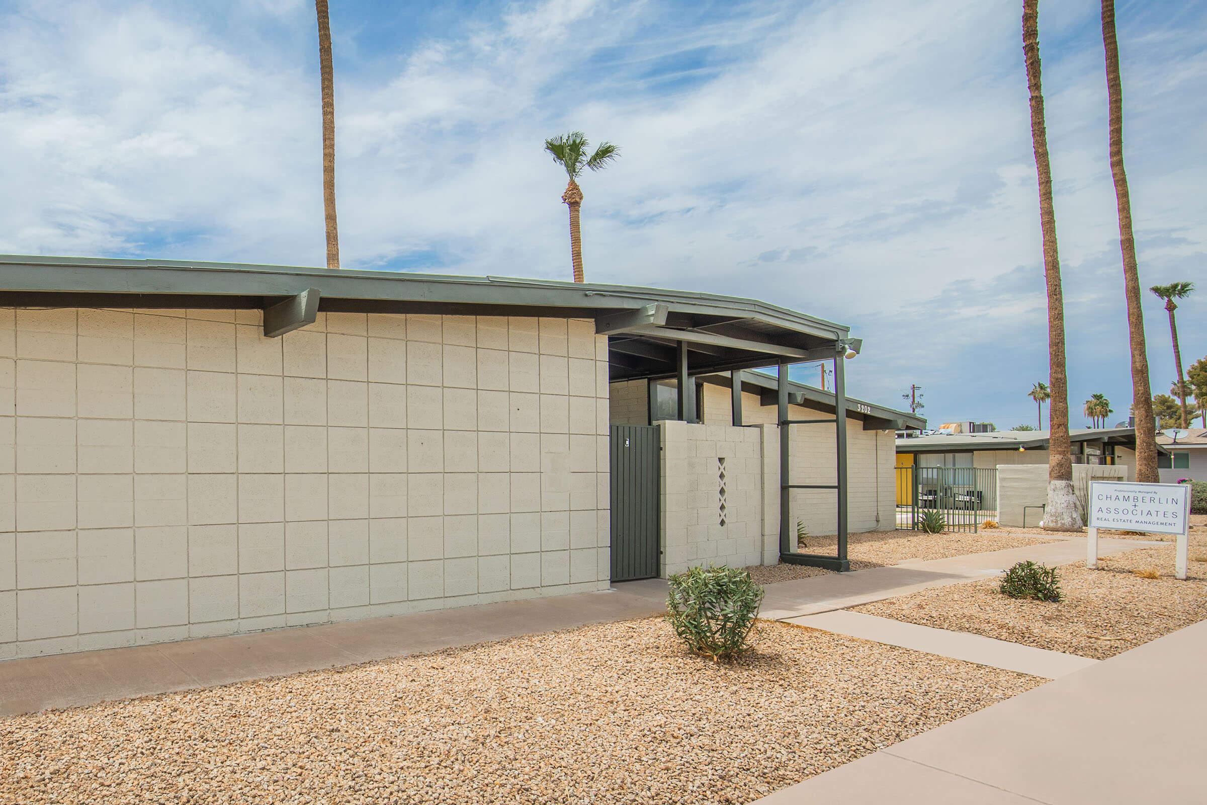 a palm tree in front of a building