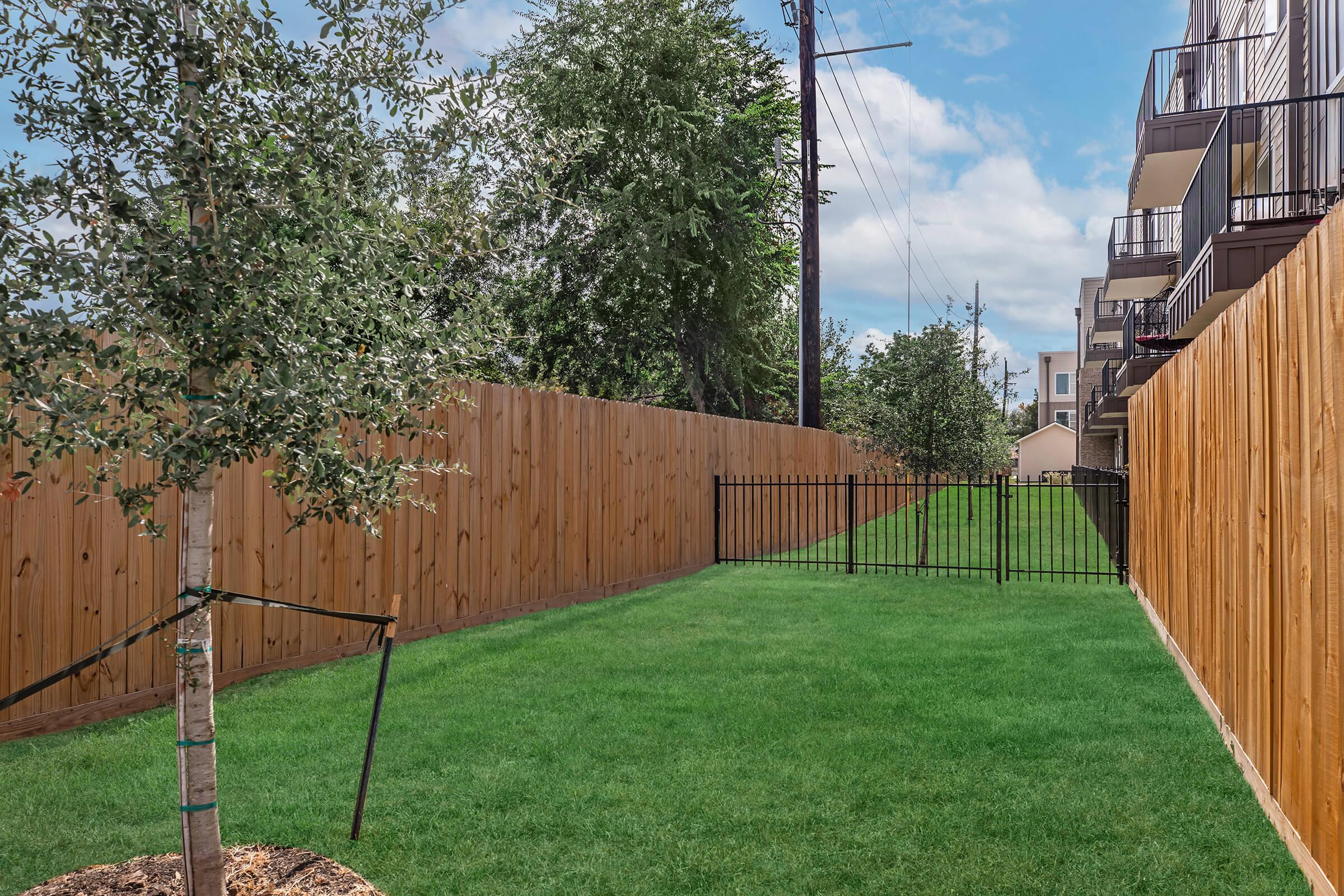 A grassy backyard area with a wooden fence on both sides, featuring a small tree near the foreground. In the background, there is a gated entrance and apartment buildings visible. The sky is partly cloudy, and utility poles can be seen along the property line.