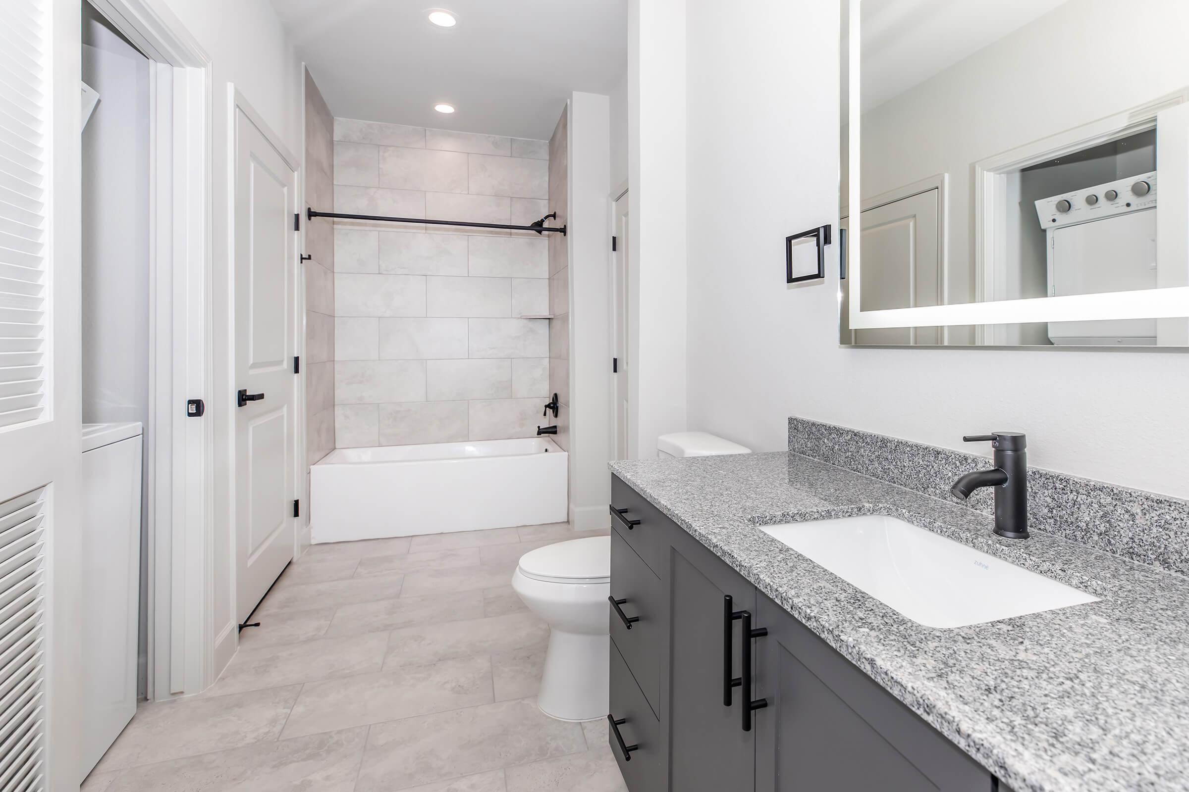 Modern bathroom featuring a clean design with a gray and white color scheme. It includes a bathtub with a shower, a sleek vanity with a dark granite countertop, and a contemporary faucet. Bright lighting enhances the spacious feel, with doors leading to other areas.