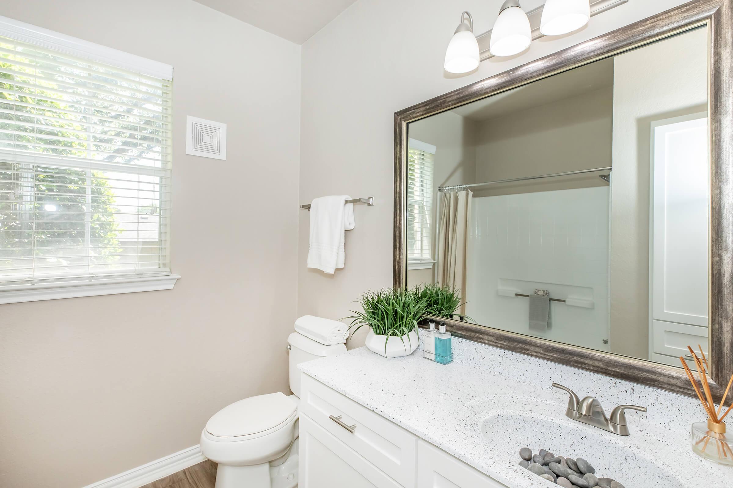 A bright and clean bathroom featuring a white vanity with a countertop, a large mirror with a decorative frame, a toilet, and a glass shower enclosure. Natural light streams in through a window with closed blinds. Decorative plants and toiletries add a touch of style to the space.