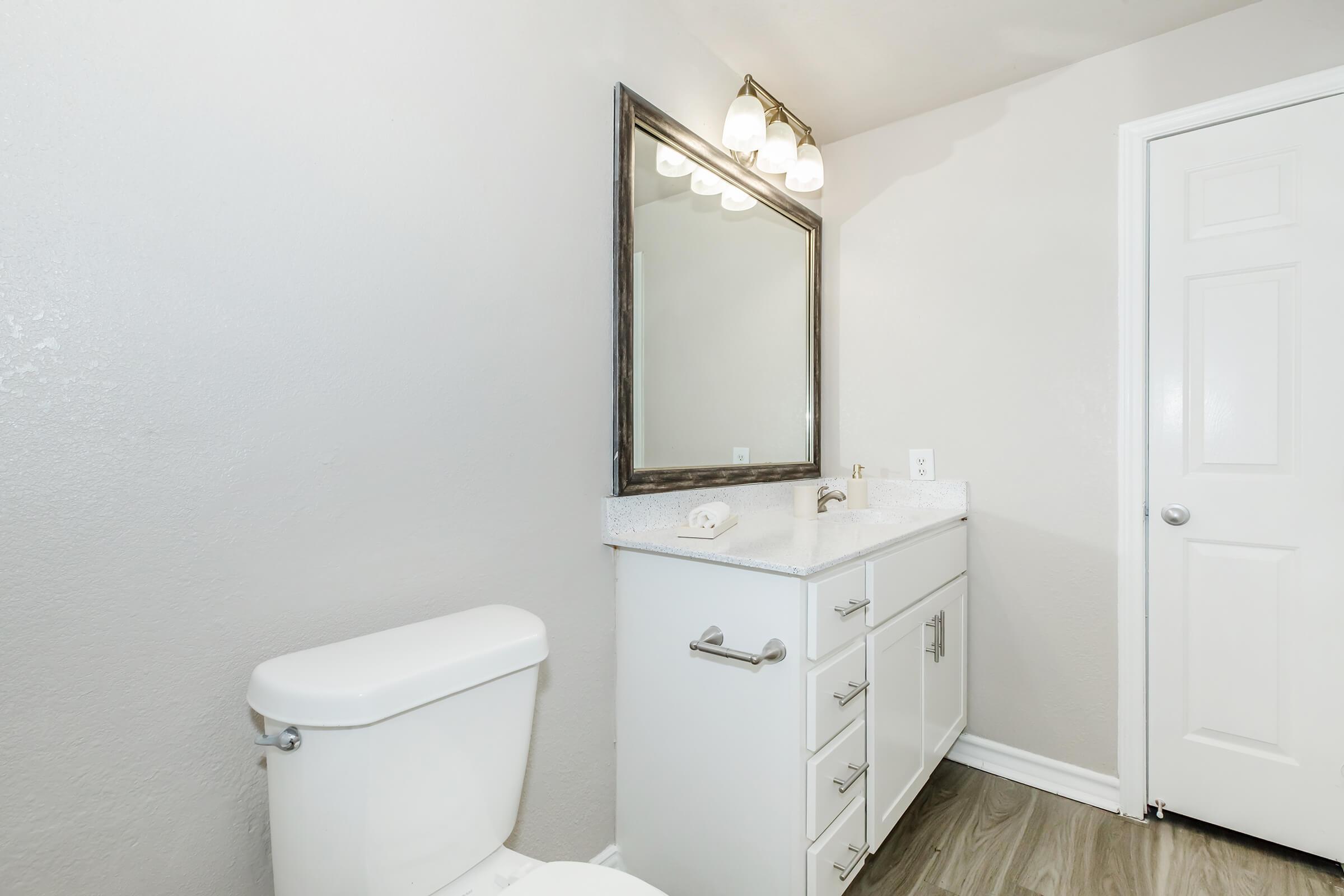 A modern bathroom featuring a white vanity with a countertop basin, a large mirror above, and a white toilet. The walls are painted a light gray, and the flooring is wood-like. A door is visible, leading to another area. The lighting above the mirror includes three bulbs for illumination.