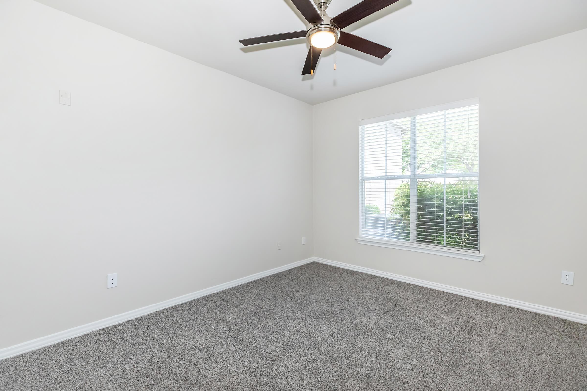 Empty room with light gray carpet, ceiling fan, and a window with blinds. The walls are painted in a neutral color, and there are no furnishings or decorations. Natural light enters through the window, illuminating the space.