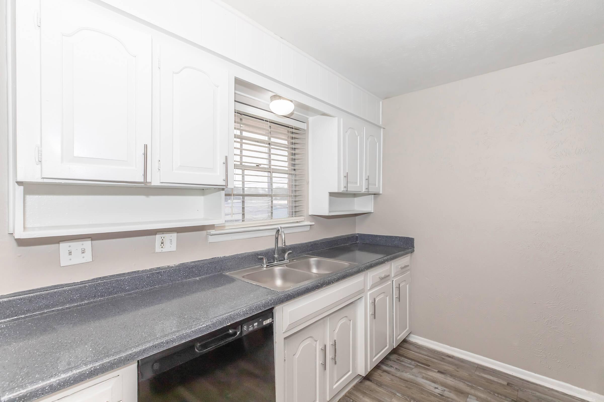 A bright kitchen featuring white cabinets and a dark countertop, with a double sink and a window above it. The walls are painted in a light beige color, and the flooring has a wood-like appearance. Above the sink, a ceiling light fixture illuminates the space.