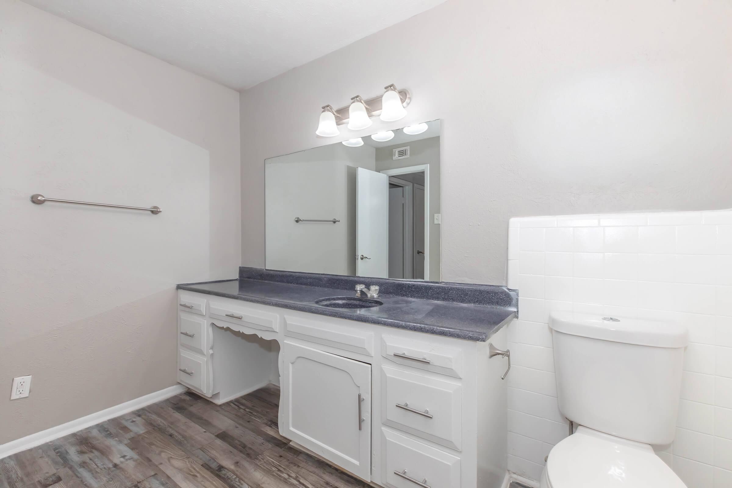 A clean, modern bathroom featuring a large mirror above a dark countertop with a sink. The cabinetry is white, and there is a toilet on the right. The walls are a light gray, and the flooring is a wood-like laminate. Natural light brightens the space, creating an inviting atmosphere.