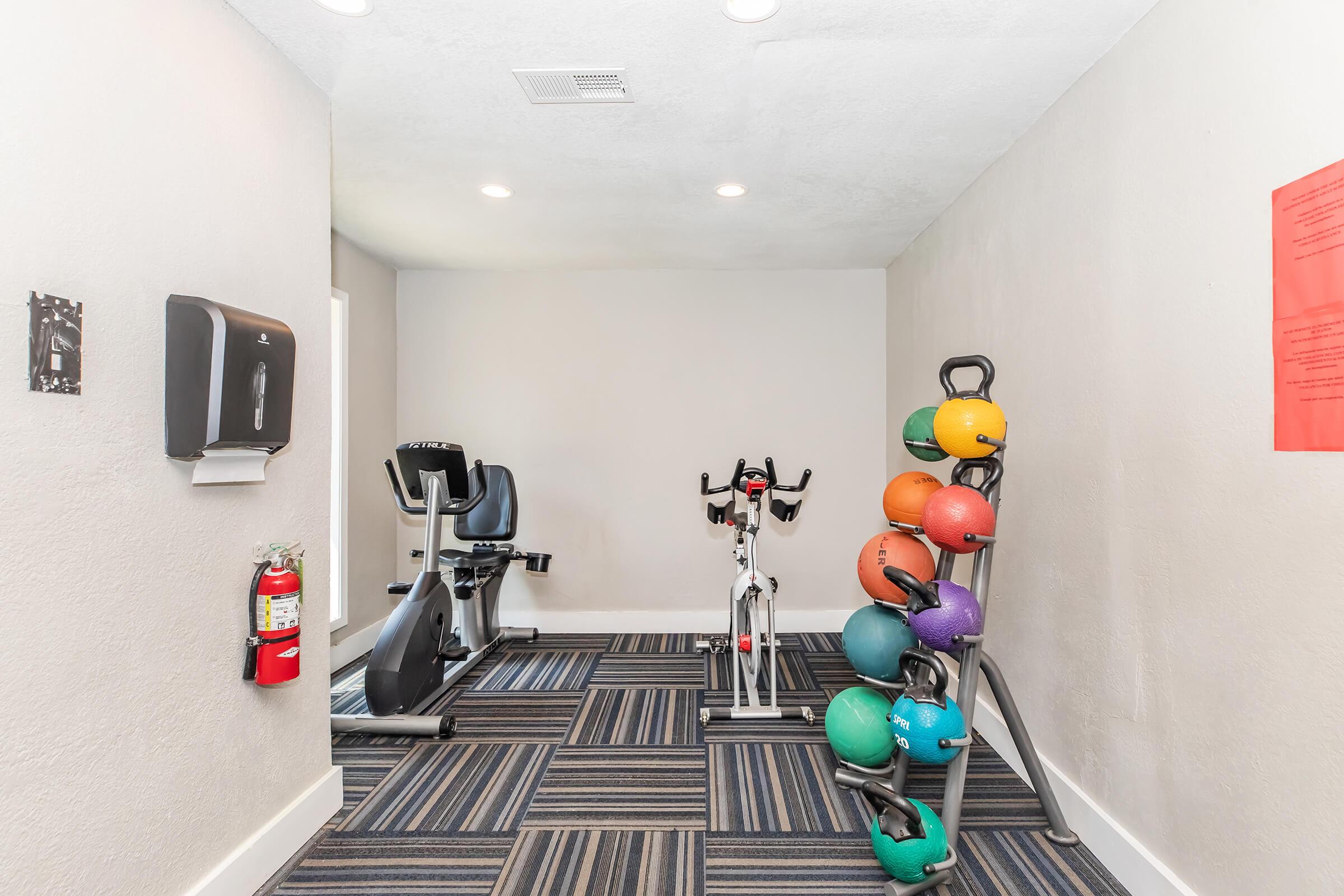 A small exercise room featuring an elliptical machine, a stationary bike, and a rack of colorful weighted balls. The space has beige walls and carpet with a blue striped pattern. There’s a fire extinguisher mounted on the wall and a hand dryer nearby. Natural light is minimal but present from an unseen window.