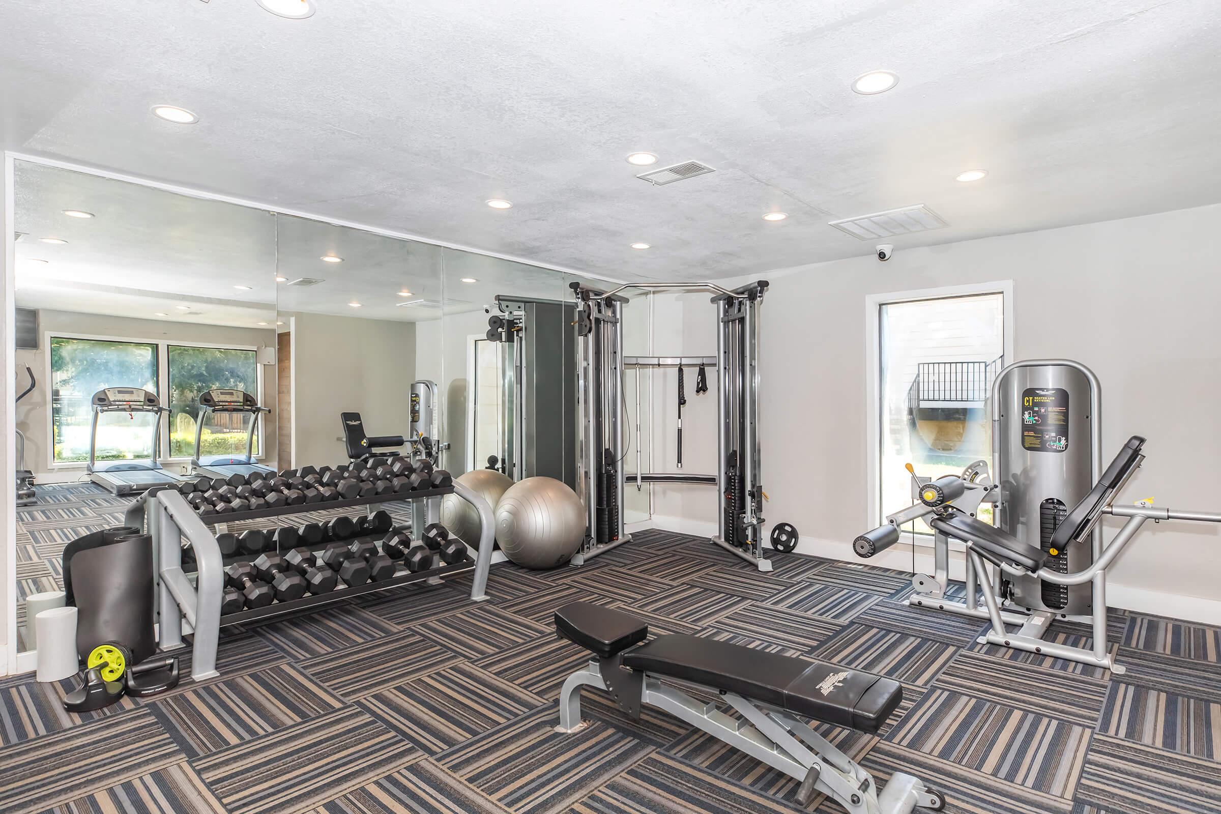 A clean and modern gym space featuring various fitness equipment, including dumbbells on a rack, a weight bench, a cable machine, a stability ball, and a treadmill. The room has large mirrors on one wall and windows allowing natural light to enter, with a stylish striped carpet for a comfortable workout environment.