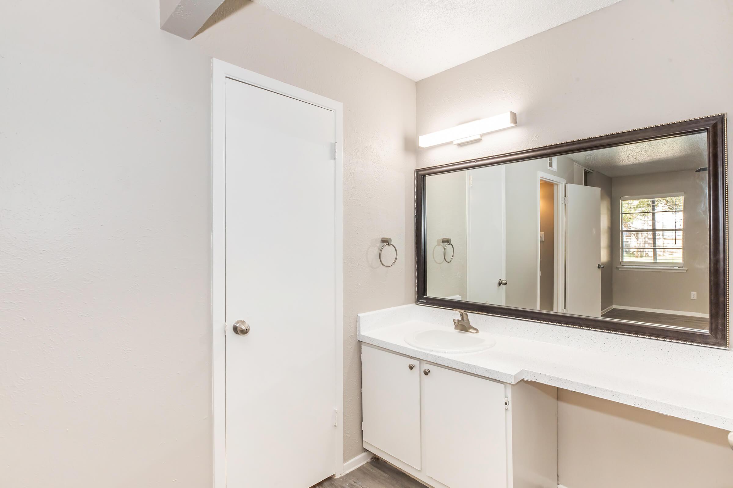 A clean, modern bathroom featuring a white countertop with a sink, a large mirror bordered in dark framing, light grey walls, and a white door. The space is well-lit with a ceiling light, and a towel holder is mounted on the wall near the sink. A window can be seen in the background, providing natural light.