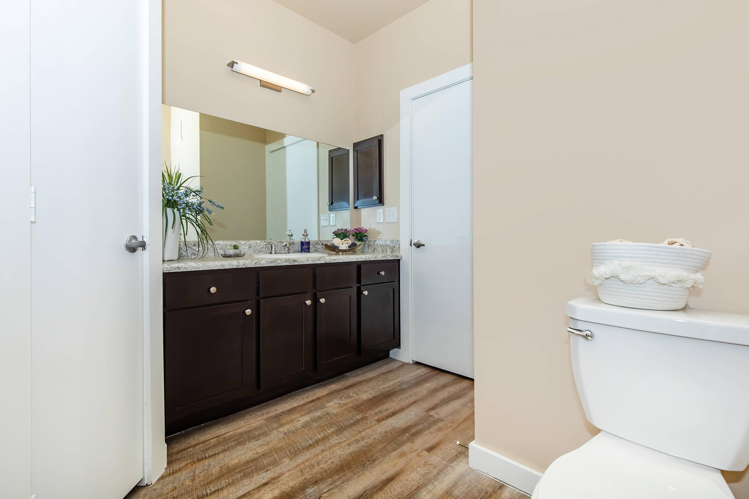 a room with a sink and a mirror