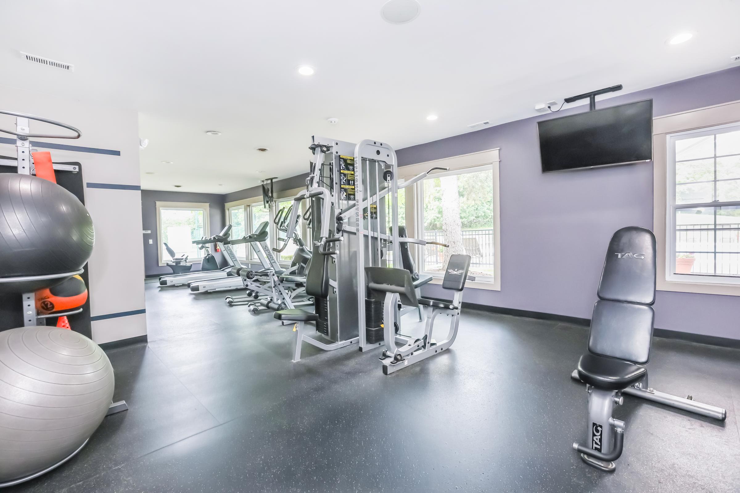 A modern gym interior featuring various fitness equipment. On one side, there are exercise balls and a multi-gym machine, while opposite is a row of cardio machines. Large windows allow natural light, and a flat-screen TV is mounted on the wall, enhancing the workout environment.