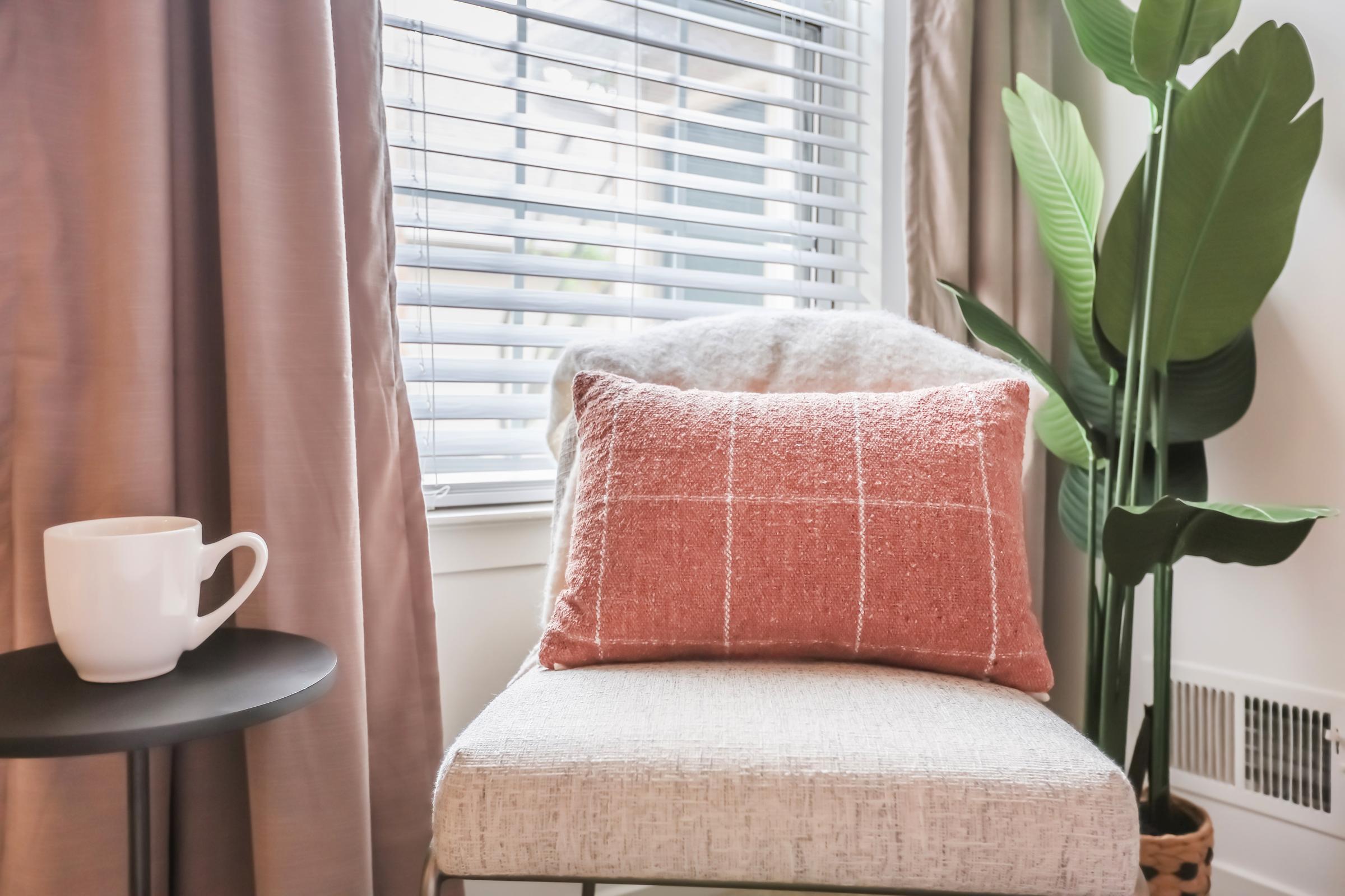 A cozy scene featuring a light-colored chair adorned with a soft, coral-colored pillow. In the background, there are sheer curtains allowing natural light, and a potted plant adds a touch of greenery. A small black side table holds a white mug, creating a warm and inviting atmosphere.