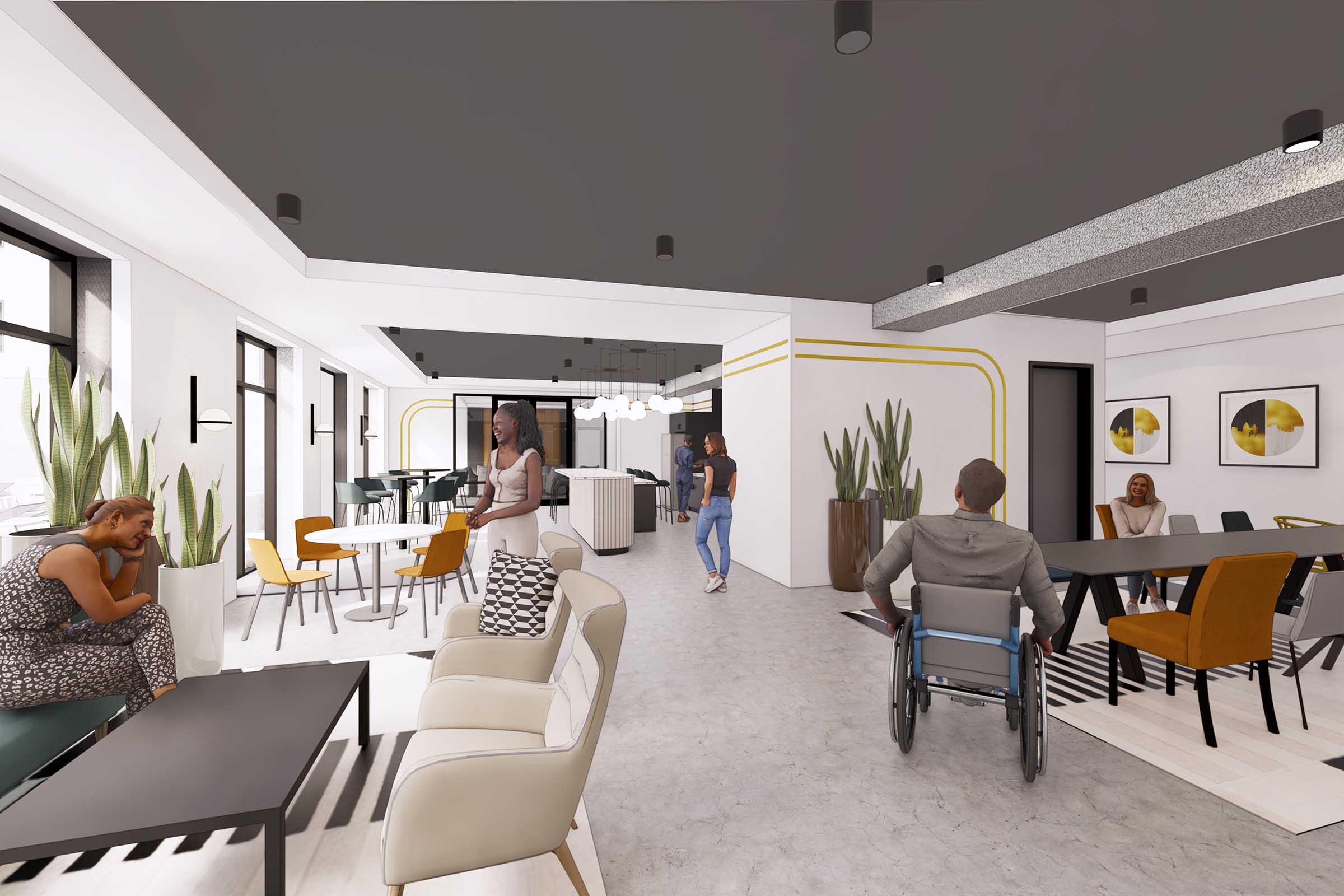 A modern interior of a communal lounge area featuring various seating options including chairs and sofas. Large windows allow natural light, and potted plants add greenery. People are engaged in activities, including a person in a wheelchair. The decor includes artwork on the walls and stylish lighting.