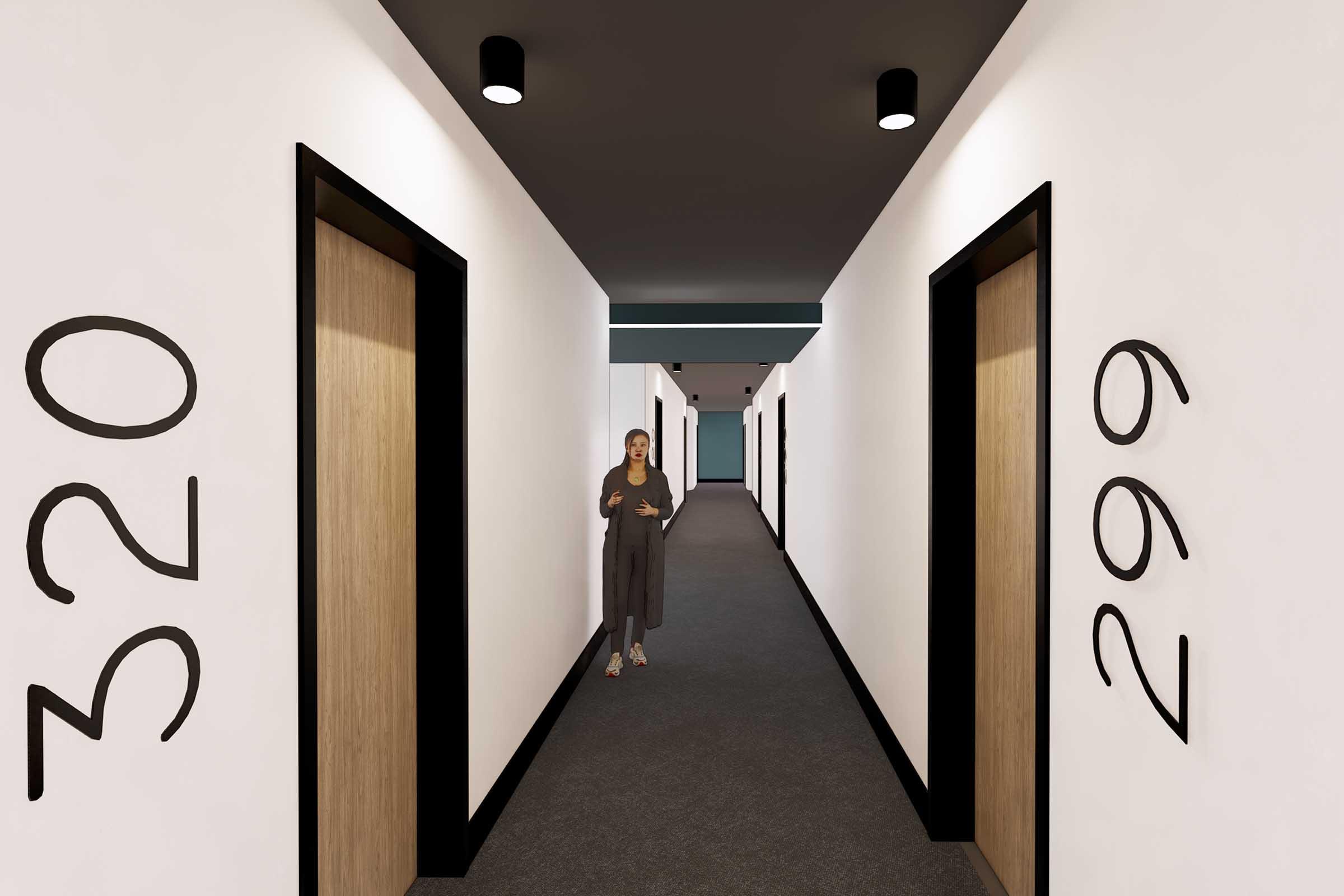 A modern hotel hallway featuring doors with numbers 320 and 296. A woman is standing near the center of the corridor, which has minimalist white walls and dark carpeting. Ceiling lights illuminate the space, creating a welcoming atmosphere.
