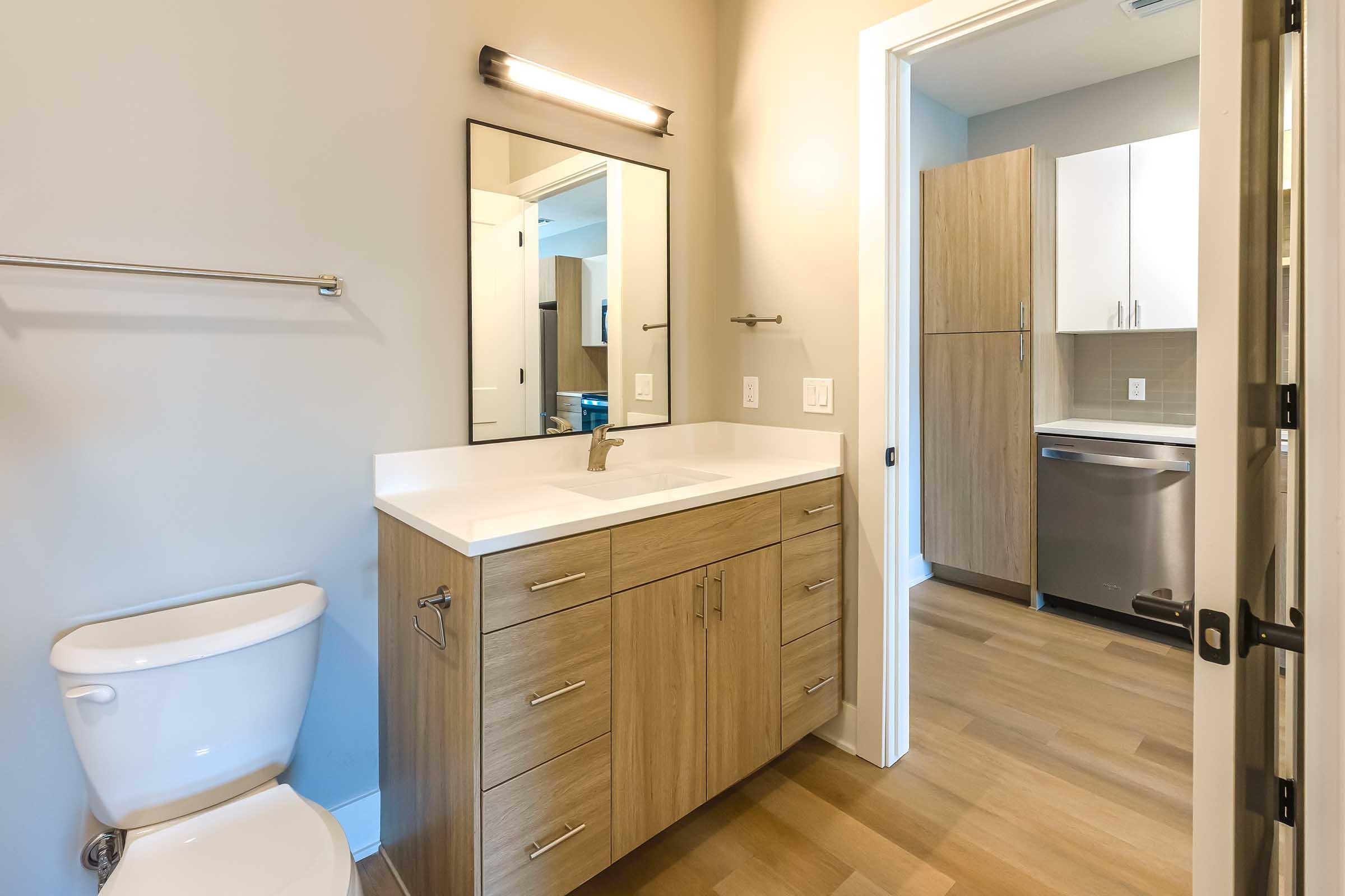 Modern bathroom featuring a wooden vanity with a sink, a large mirror, and a white toilet. The room has light-colored walls and wooden flooring. In the background, there is a glimpse of a kitchen area with light-colored cabinetry and a stainless steel dishwasher. Natural light brightens the space.