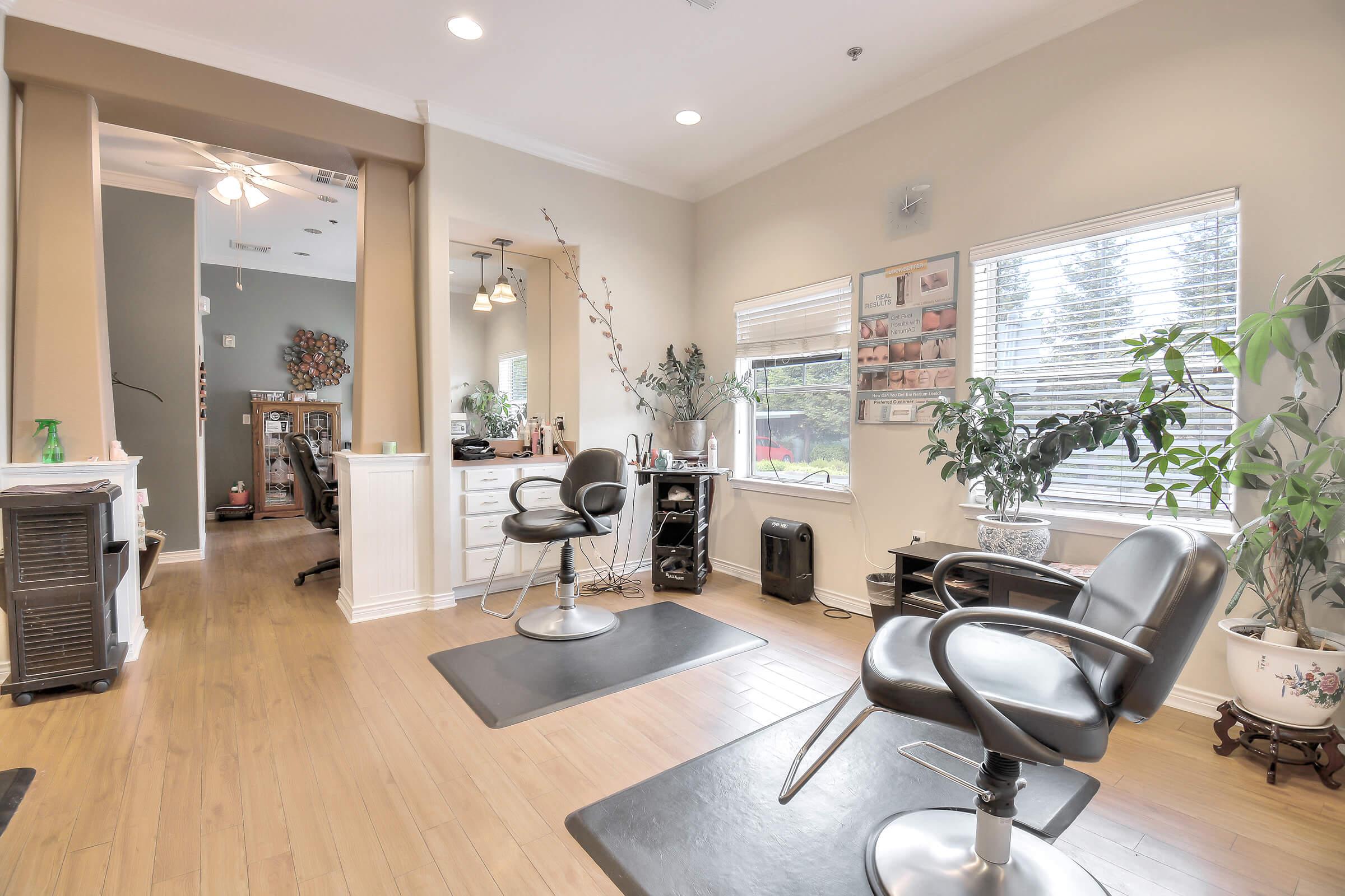 A well-lit hair salon featuring two black styling chairs and a workstation with mirrors. The interior has warm wood flooring and large windows letting in natural light, with indoor plants and beauty products visible, creating a welcoming atmosphere.