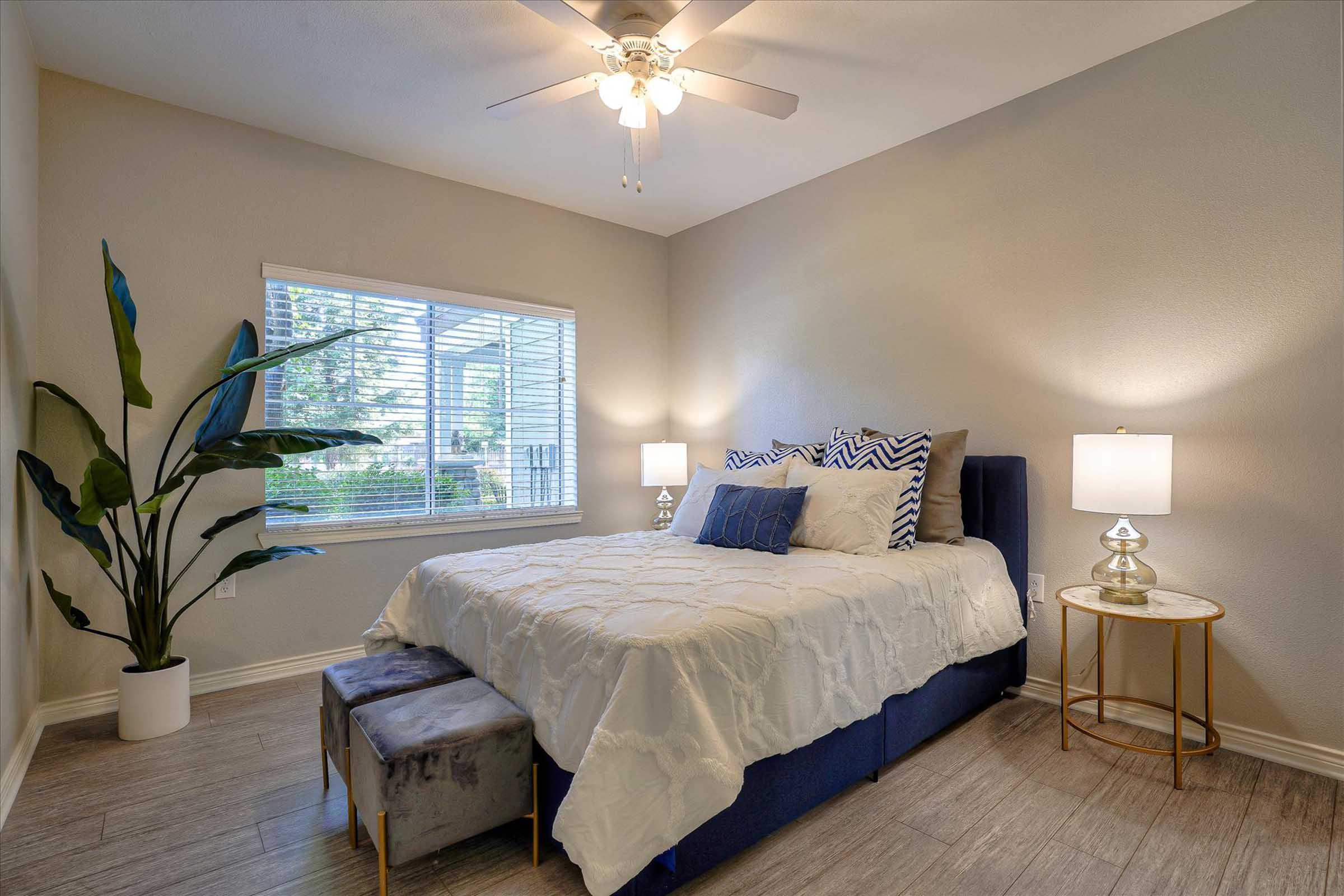 A cozy, well-lit bedroom featuring a neatly made bed with decorative pillows, a nightstand with a lamp, a small upholstered stool at the foot of the bed, and a tall green plant next to the window. Natural light streams in through the window, enhancing the inviting atmosphere.