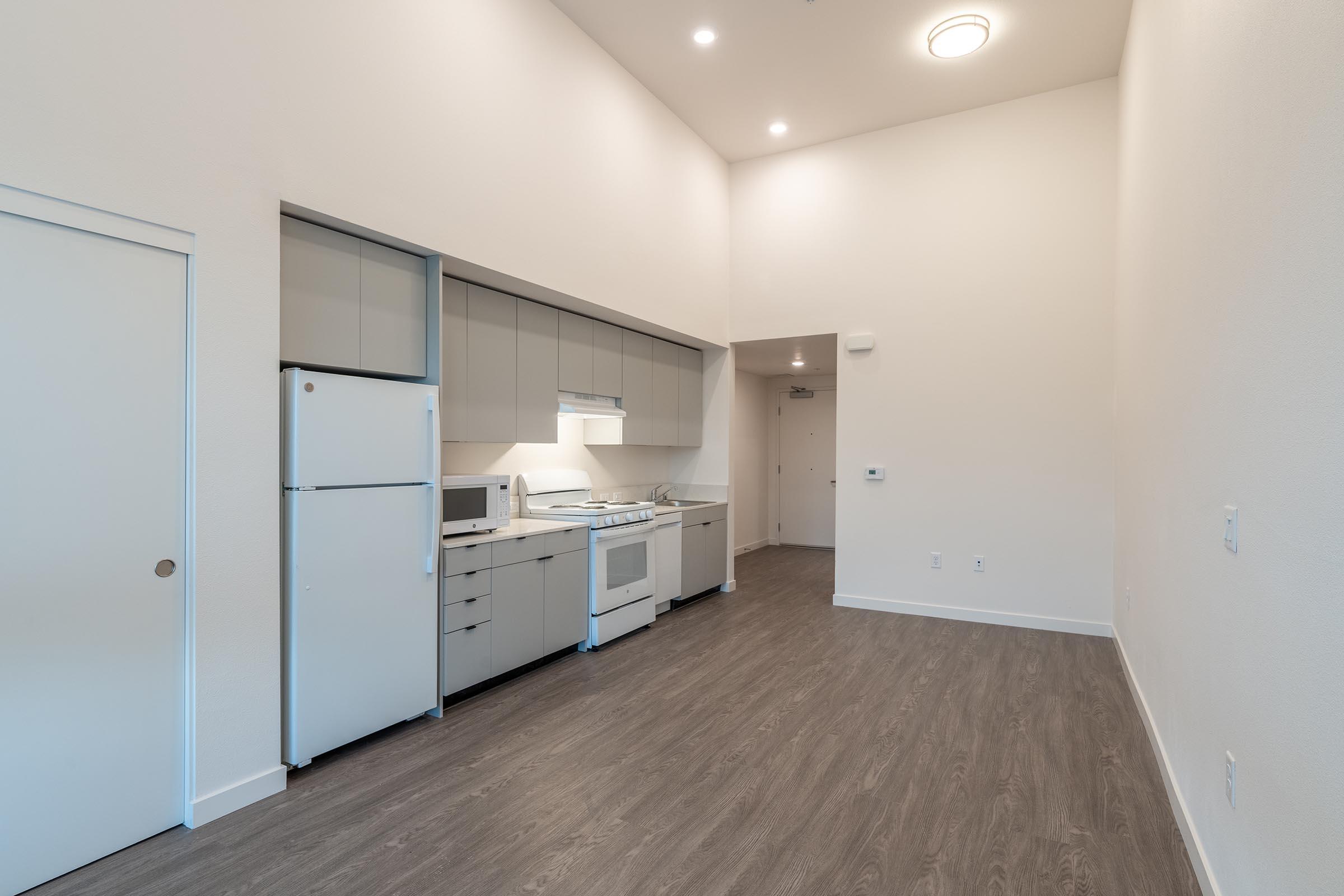 A modern kitchen in an apartment featuring gray cabinets, a white refrigerator, a gas stove, and a microwave. The room has high ceilings with ample natural light, hardwood-like flooring, and a minimalistic design. A door leads to another room, enhancing the spacious feel.