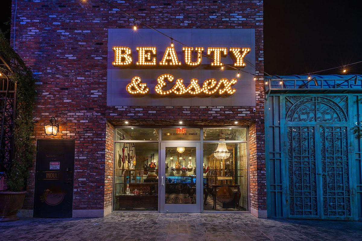 a store front at night