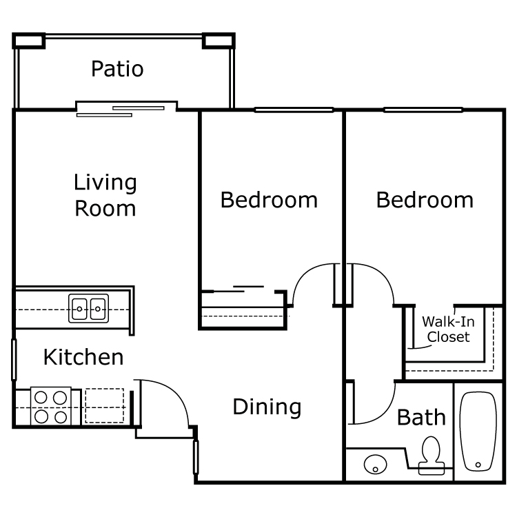 2 Bed 1 Bath, a 2 bedroom 1 bathroom floor plan.