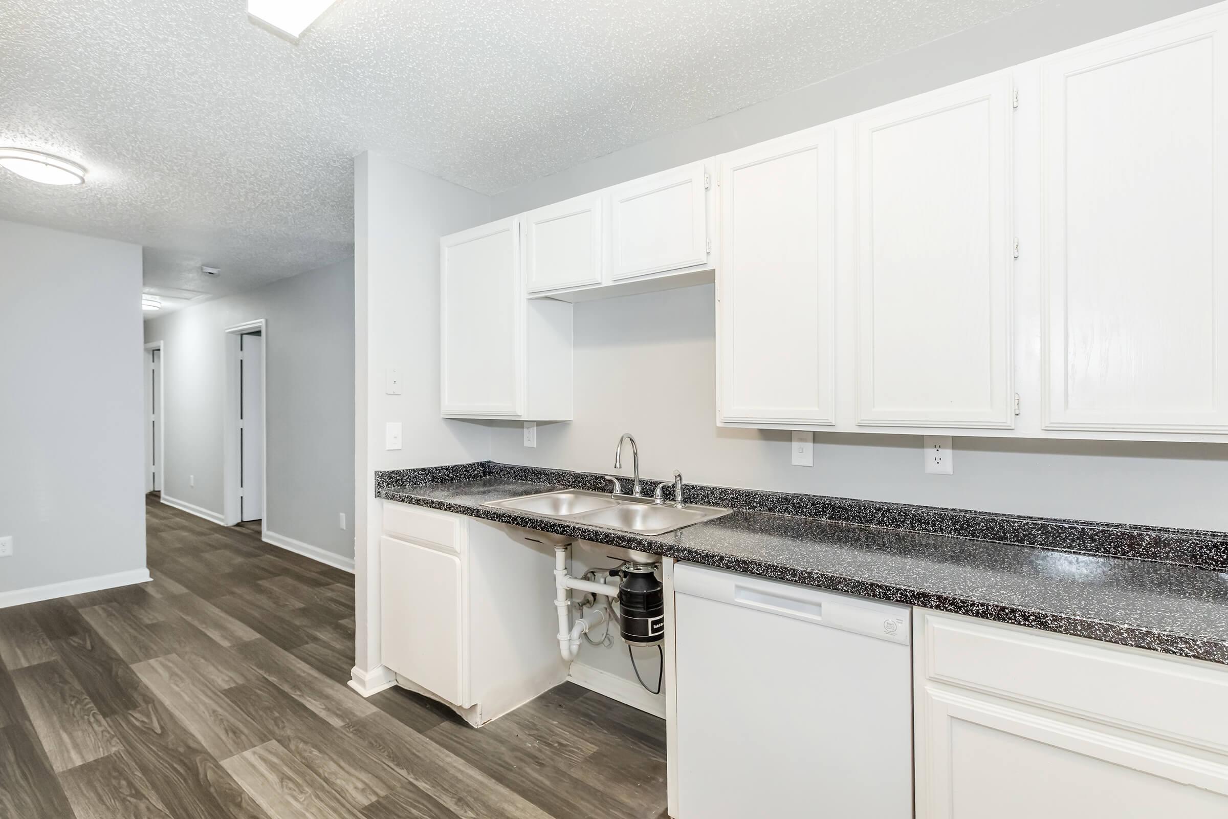 A modern kitchen with white cabinetry, a black granite countertop, a double sink, and a dishwasher. The flooring is light wooden laminate. In the background, there is a hallway leading to other rooms, with light-colored walls and doors visible.