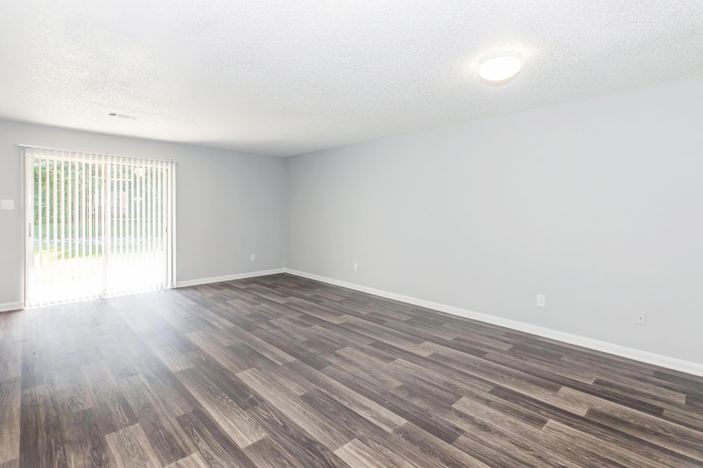 Spacious, empty room with light hardwood flooring, painted walls in a soft gray, and large windows covered with vertical blinds, allowing natural light to enter. A ceiling light fixture is visible, creating a bright and airy atmosphere.