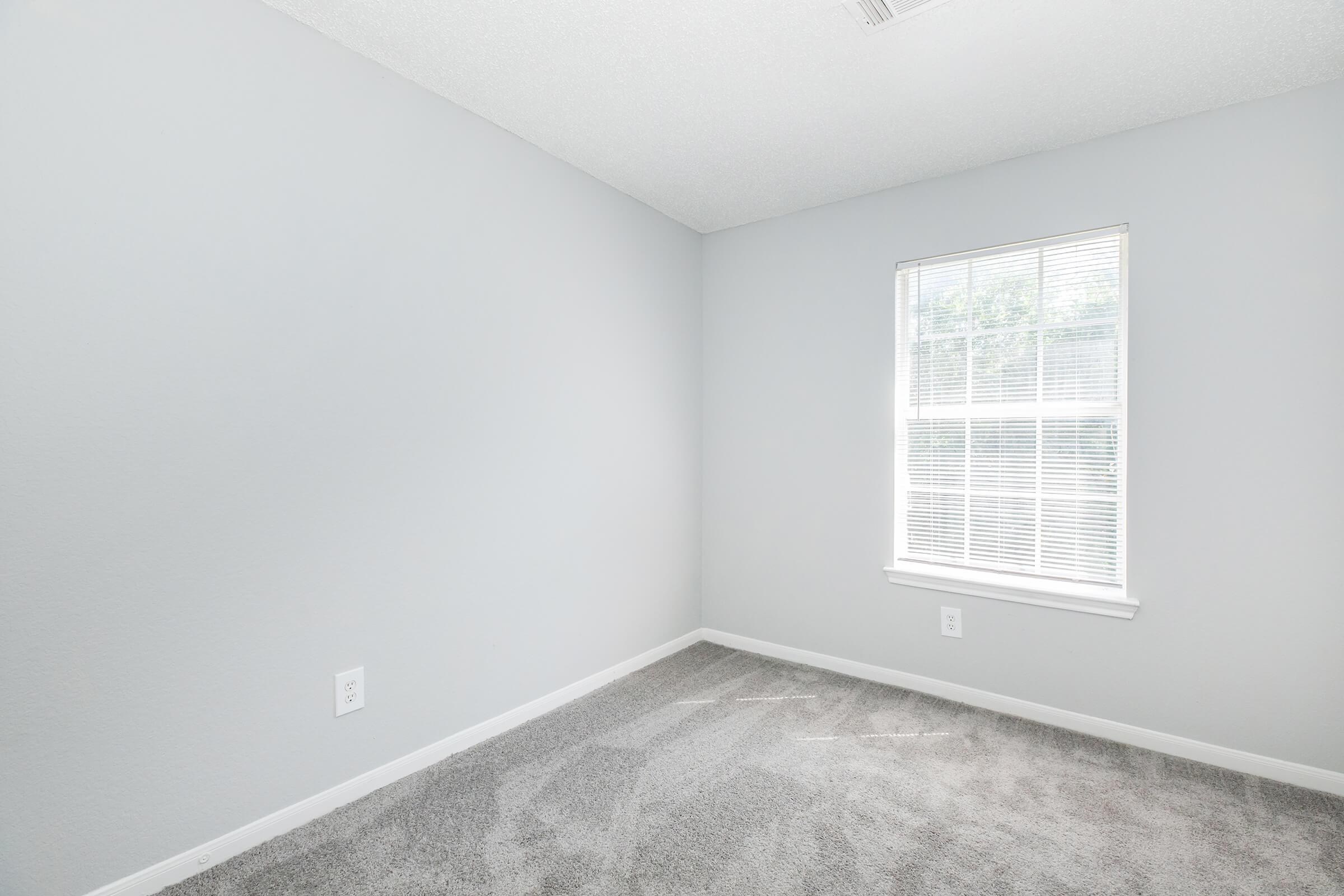 A small, empty room with light gray walls and new carpeting. It features a single window with white blinds allowing natural light to enter. The floor is clean and there are no furnishings or decorations, creating a minimalist and spacious appearance.