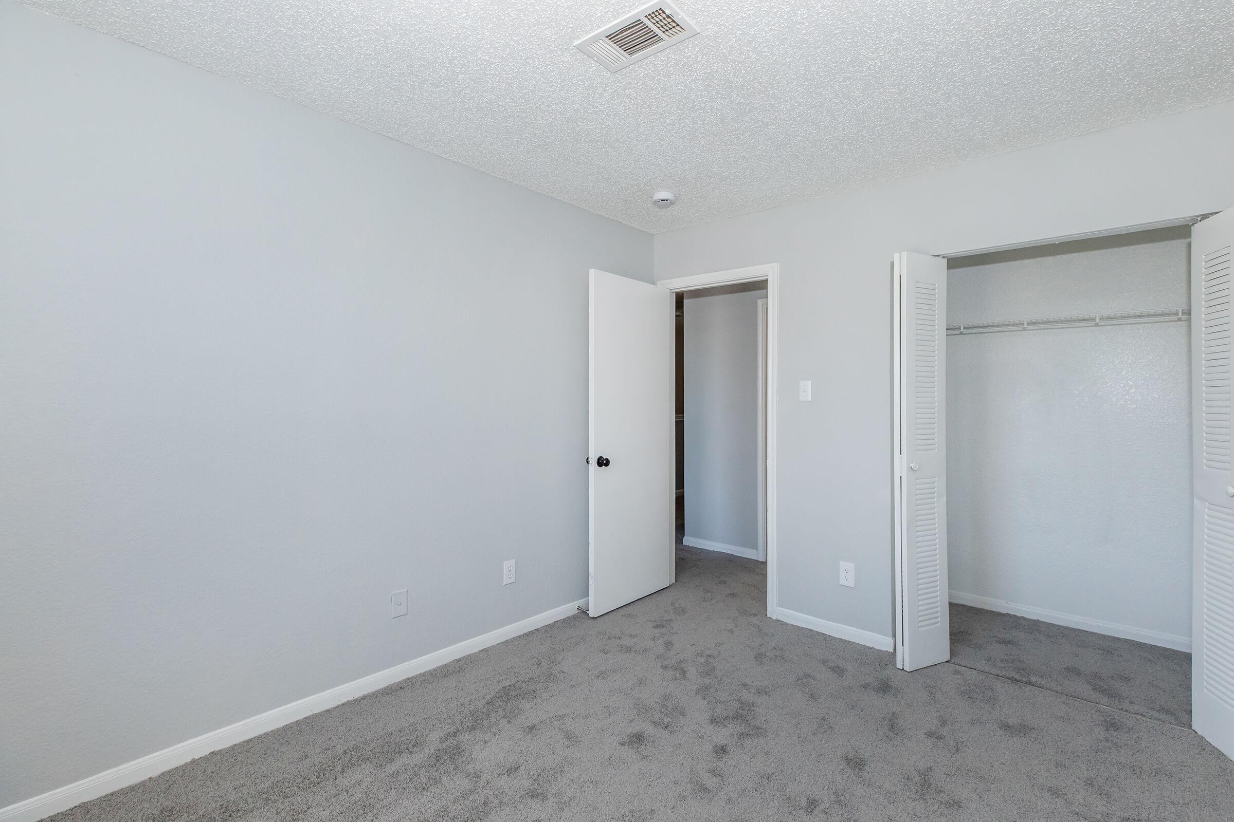 A light gray room with carpeted flooring. There are two closed doors: one leading to a closet with sliding doors and another to a separate space. The walls are painted in a soft shade of gray, and the ceiling has a textured finish. Natural light enters the room through the open door.