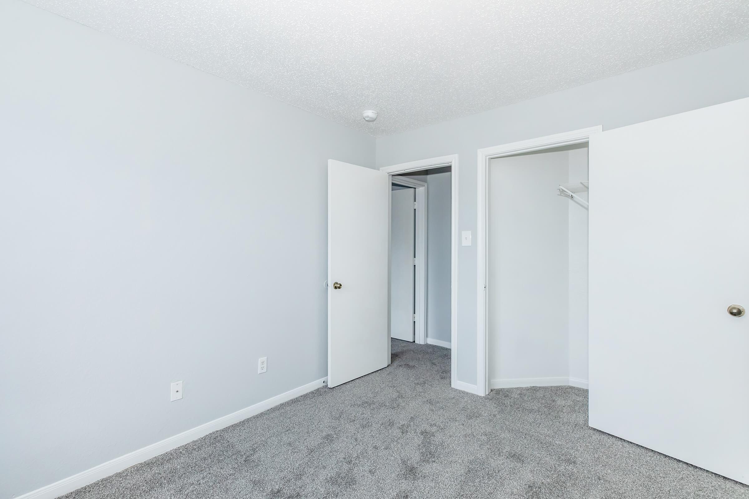 A light gray room with freshly painted walls and new carpet. There are two open doors: one leads to a closet, and the other to another room. The space is bright and minimalistic, providing a clean and inviting atmosphere.