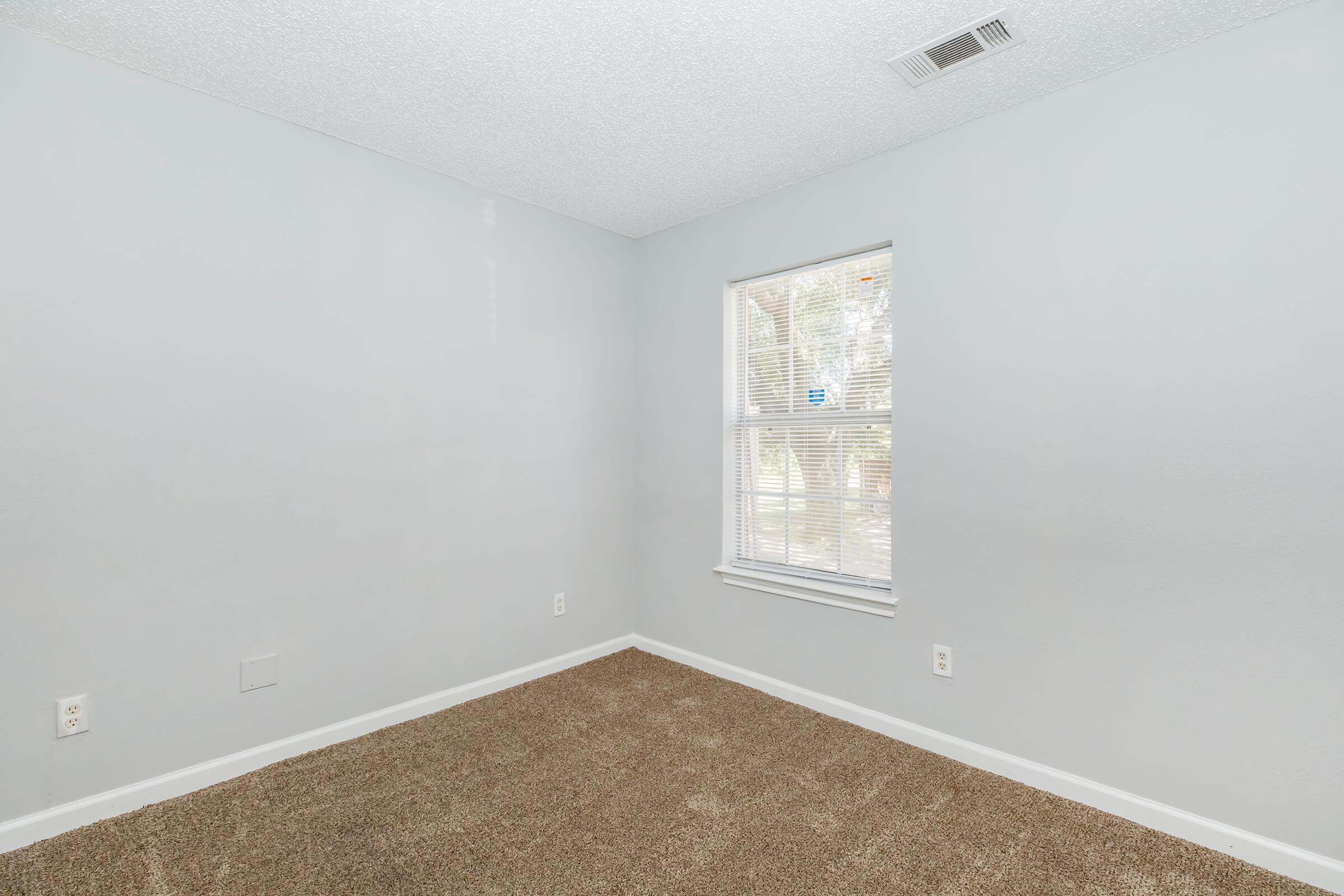 Empty room with light gray walls and a carpeted floor. A window with blinds allows natural light in, illuminating the space. The overall atmosphere is clean and minimalistic, suitable for various uses such as a bedroom or office.
