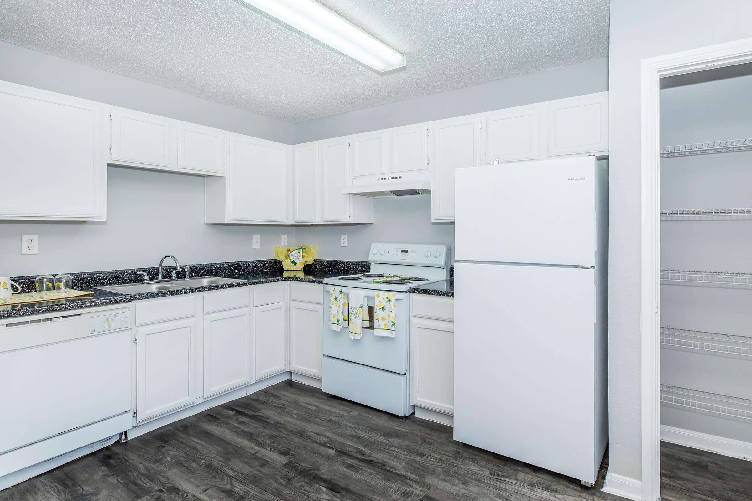 Modern kitchen featuring white cabinetry, black granite countertops, a white stove and refrigerator, and a sink. The walls are painted light gray, and there is a pantry with open shelving. A small bouquet of flowers decorates the countertop. The floor is dark laminate wood.
