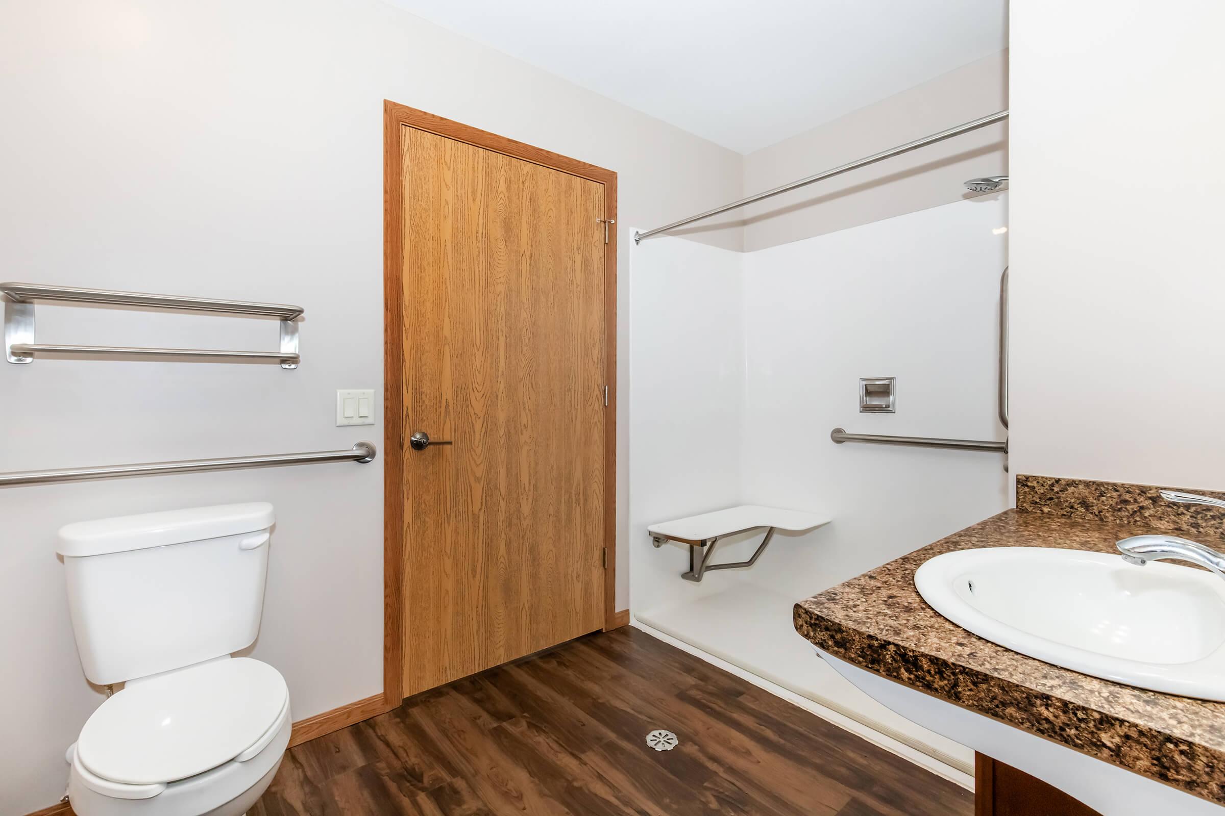 A clean, accessible bathroom featuring a white toilet, a sink with a granite countertop, and a walk-in shower with grab bars. The walls are light-colored, and there is a wooden door leading outside the bathroom. The floor is dark laminate, enhancing the modern aesthetic.