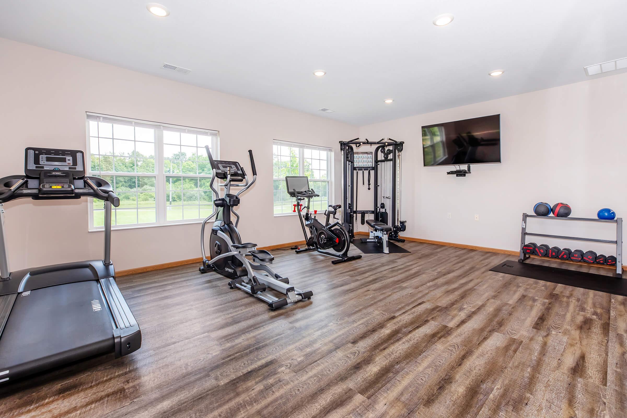 A modern home gym featuring a treadmill, elliptical machine, stationary bike, weight training machine, and a set of dumbbells. The room is well-lit with large windows showcasing a view of greenery outside, and a flat-screen TV mounted on the wall. The floor is made of hardwood.