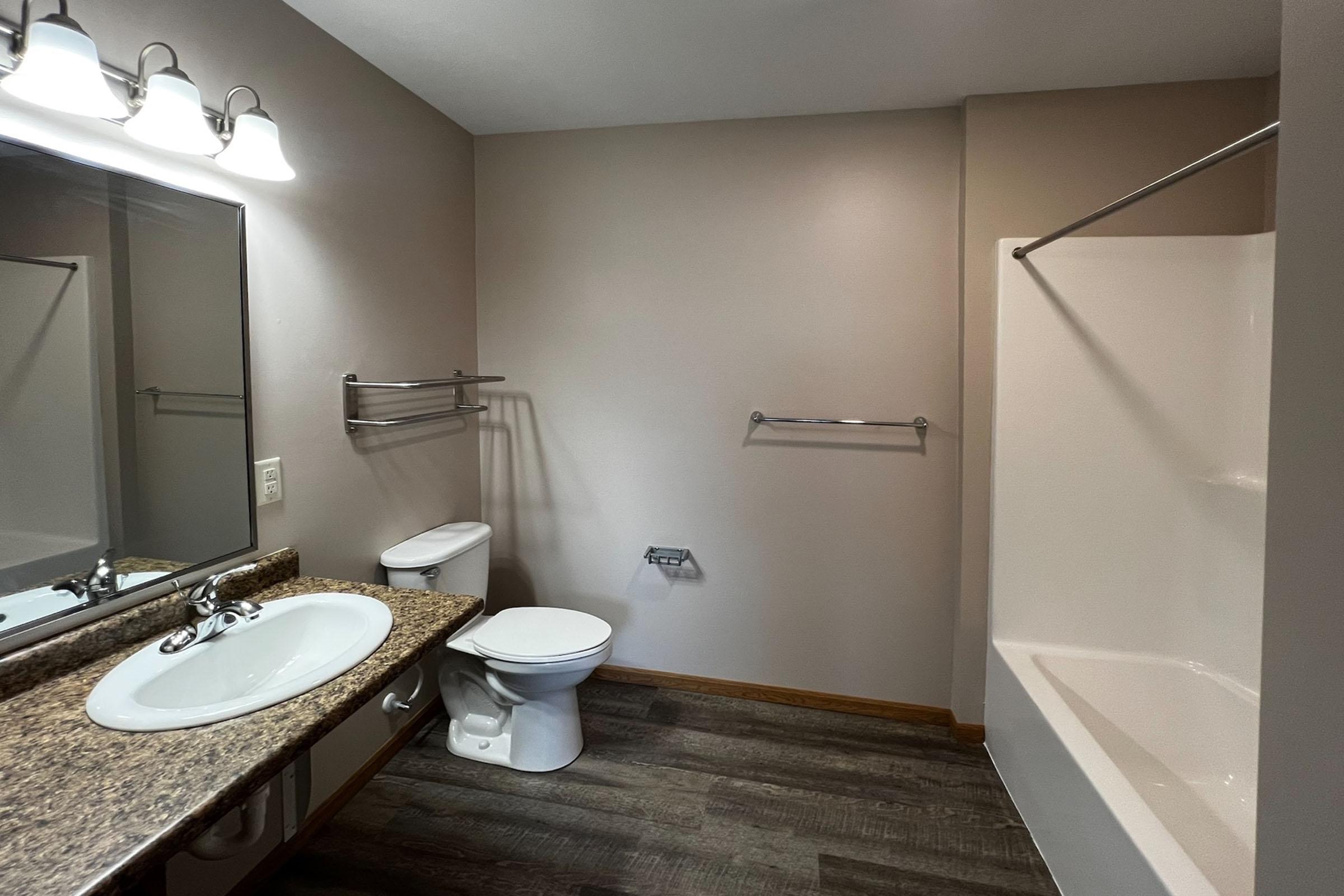 A clean, modern bathroom featuring a white bathtub, a toilet, and a vanity with a sink. The walls are painted a light color, and there is a large mirror above the sink. The flooring is dark wood-like, and there are towel racks on the walls. Soft lighting illuminates the space.
