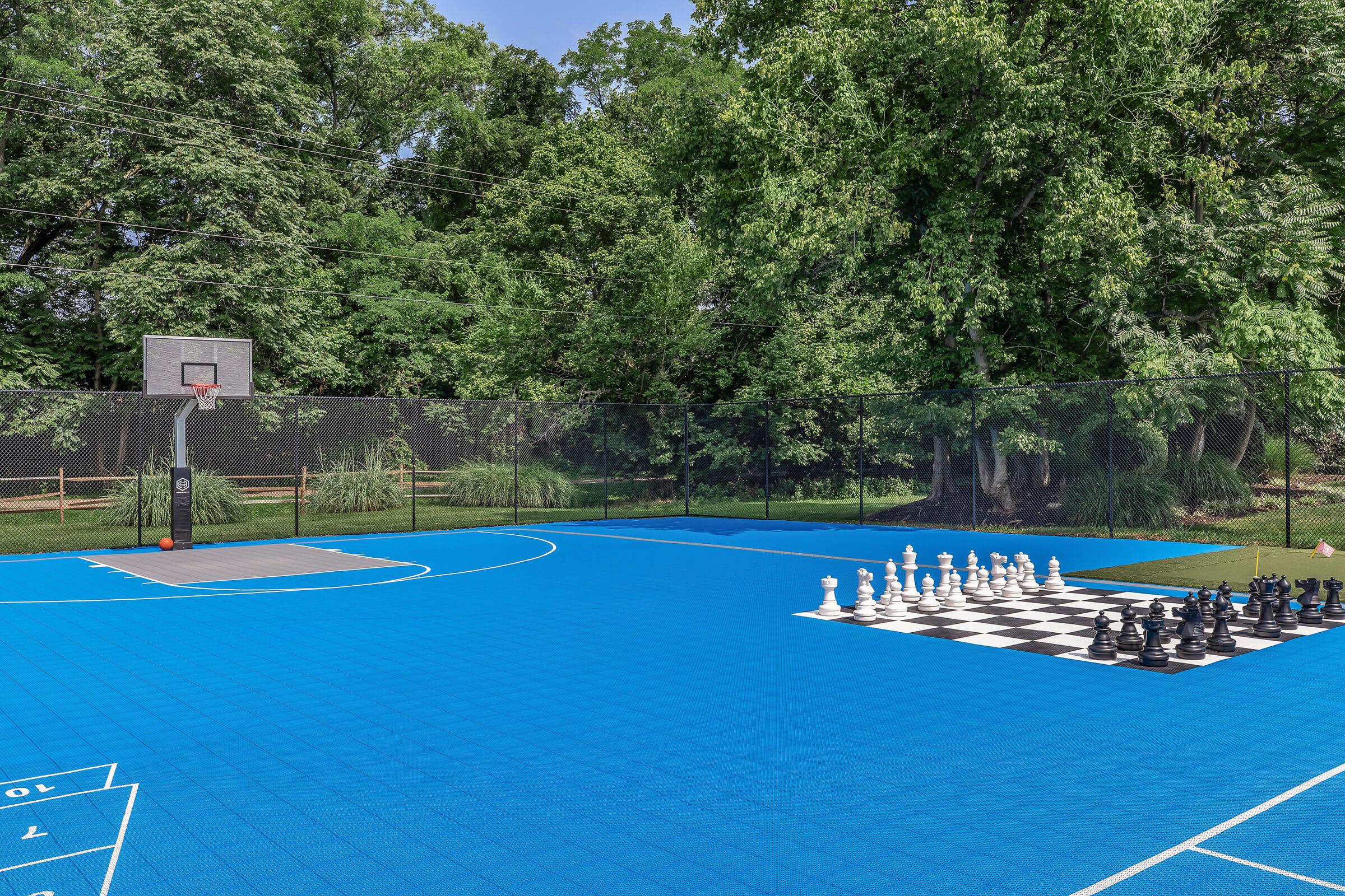 An outdoor sports area featuring a blue basketball court on one side and a large chessboard with black and white pieces on the other. Lush green trees and vegetation surround the space, creating a serene atmosphere. The basketball hoop is visible near the court's edge.