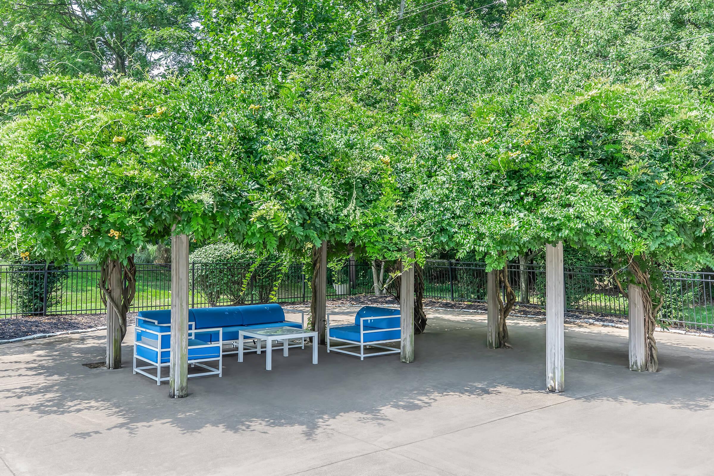 A cozy seating area beneath lush green trees, featuring blue outdoor furniture with white frames. The setting is peaceful, surrounded by greenery, and accented by a black fence in the background.