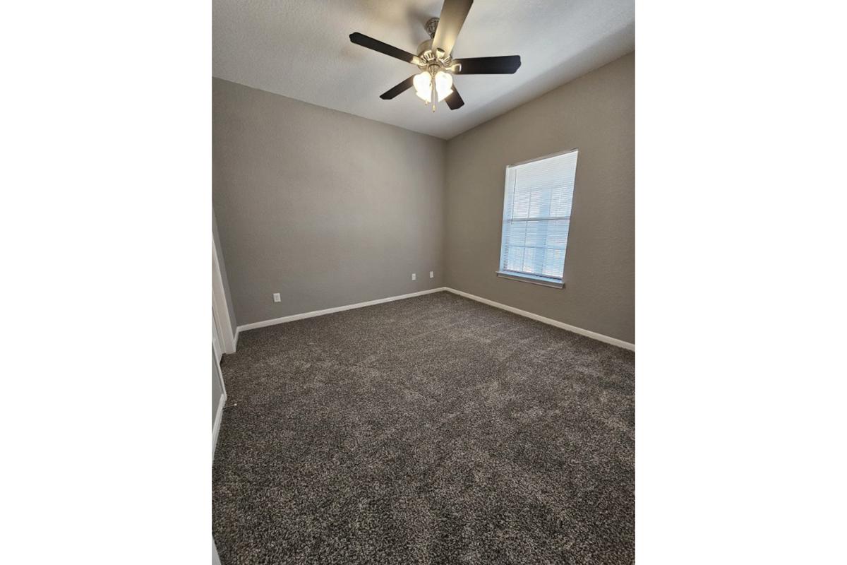 A carpeted room with a ceiling fan and light fixture. The walls are painted in a light gray color, and there's a window with blinds allowing natural light to enter. The room appears empty, creating a spacious and clean atmosphere.
