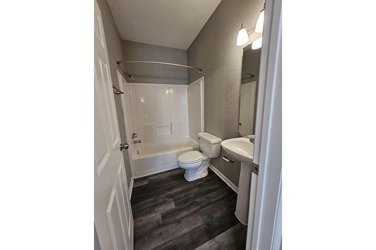 A modern bathroom featuring a white bathtub with a shower, a toilet, and a small sink with a mirror. The walls are painted in a light gray color, and the floor has a dark, wood-like finish. The space is well-lit with overhead lighting.