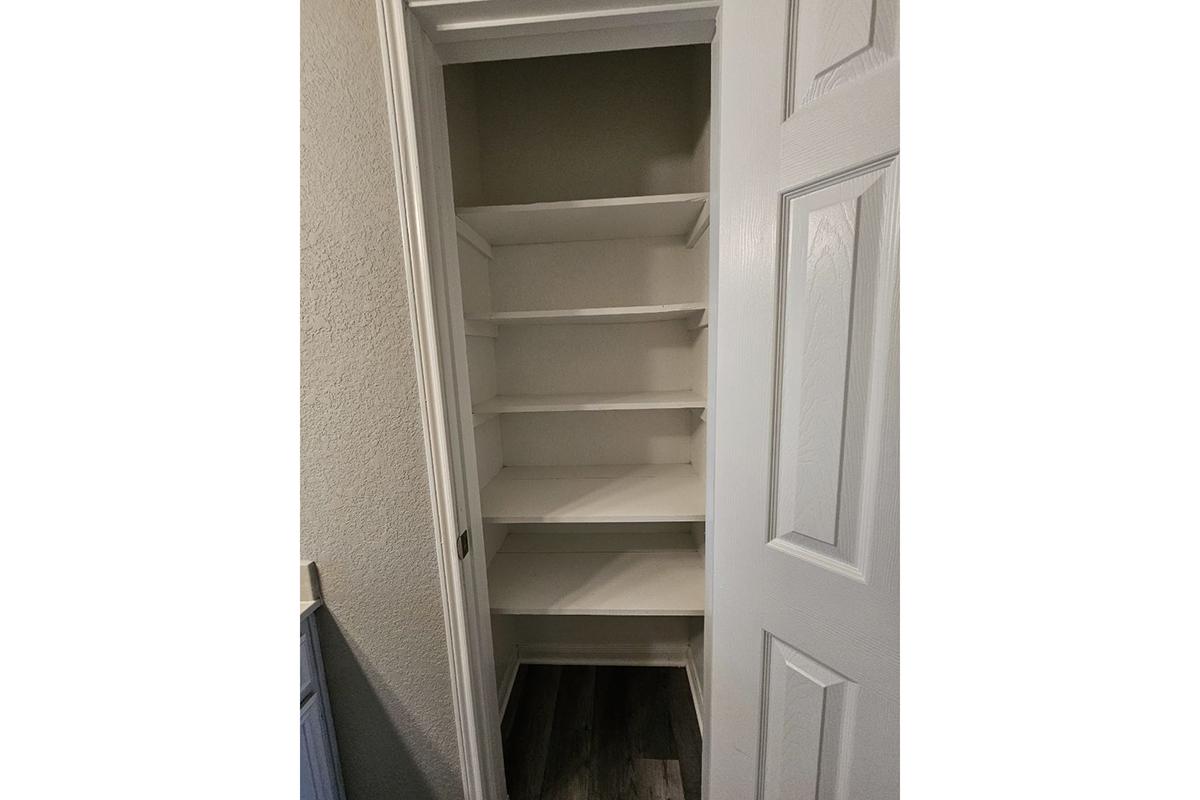 A small, empty closet with white shelves and a light-colored wall. The door is open, revealing five shelves inside, with a dark floor visible at the bottom. The space is well-lit and organized, ideal for storage.