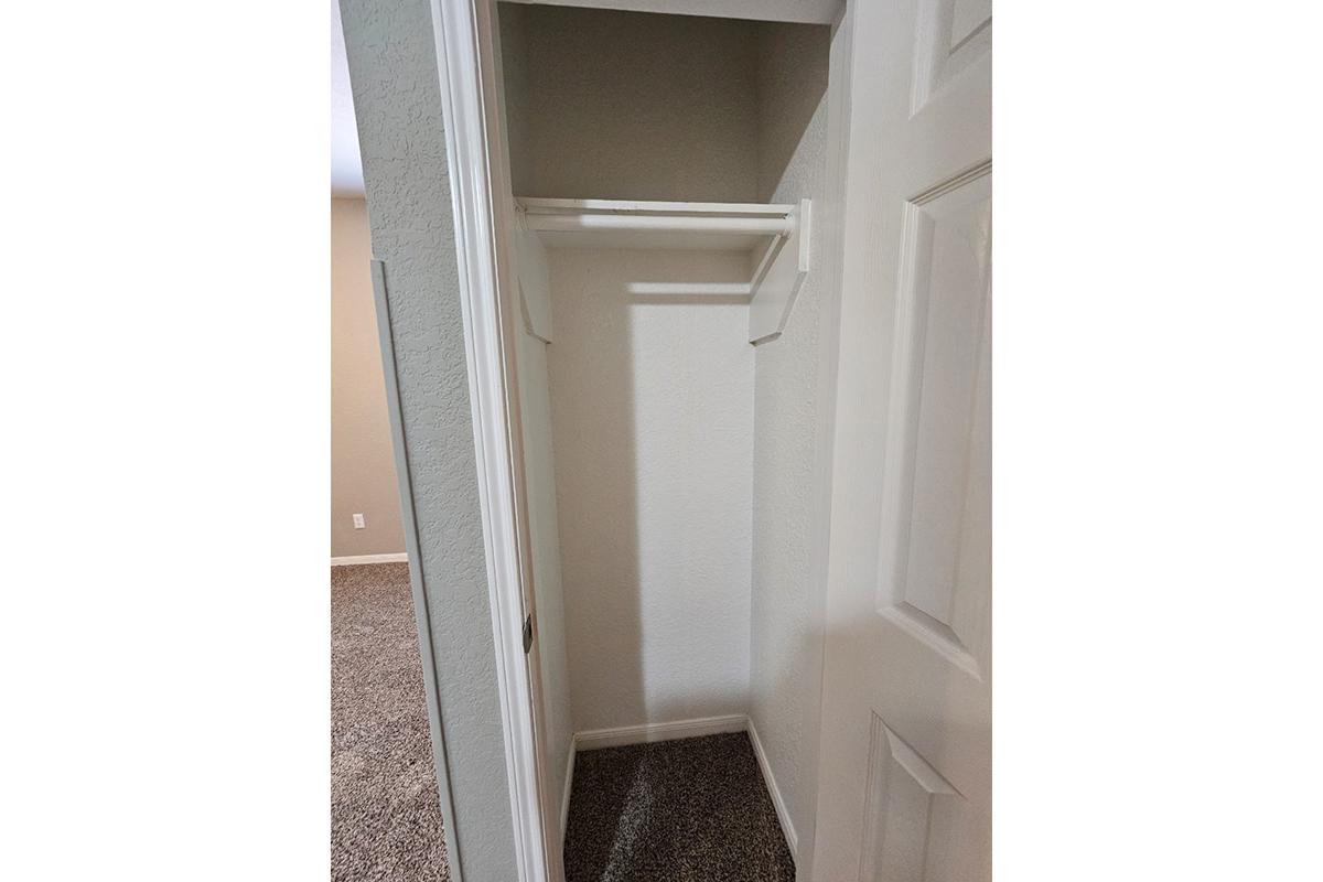 An empty closet with a small shelf above and a door partially open. The walls are painted a light color, and the floor is covered in carpet. There is a spacious area within the closet, indicating it is unoccupied.